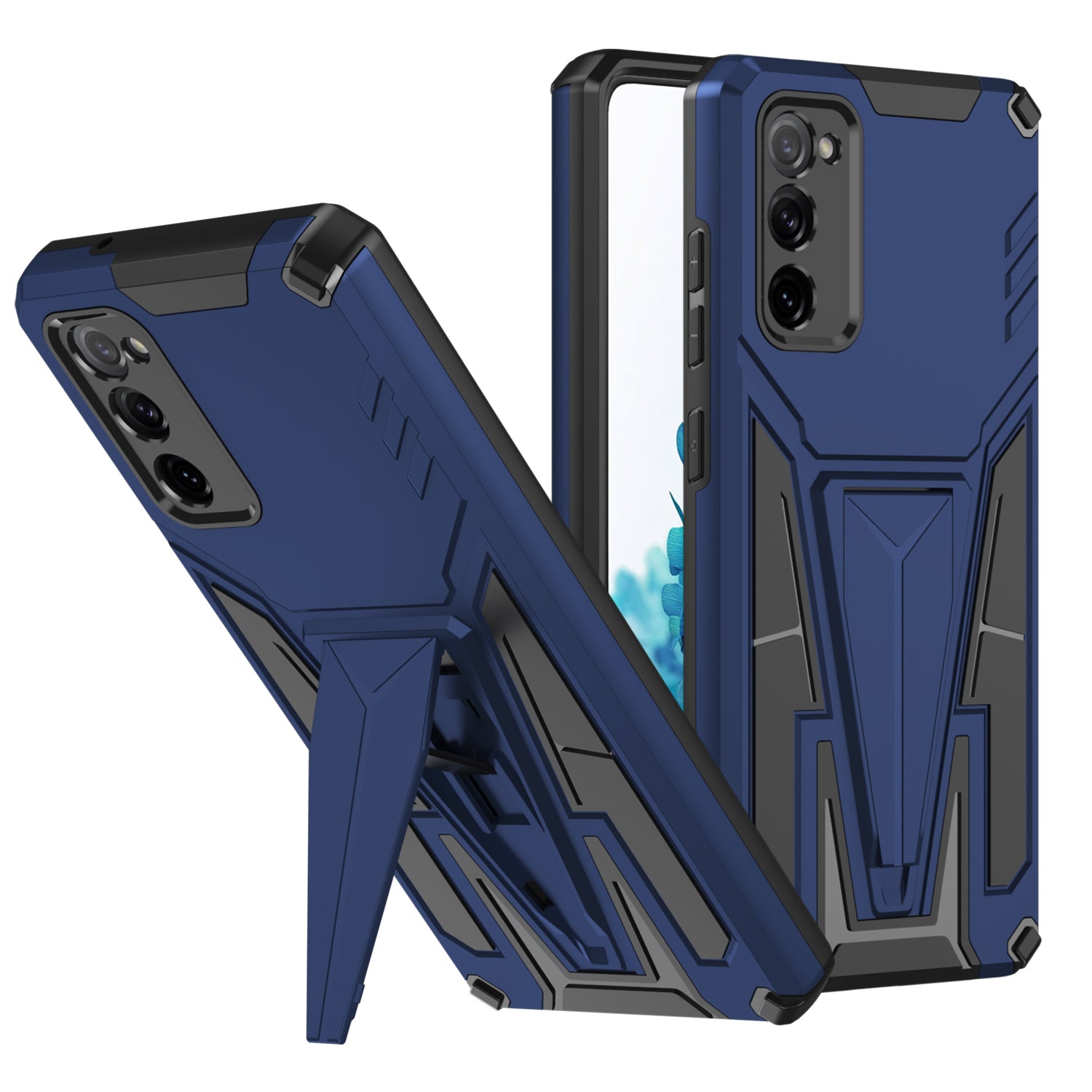 Anti-Fall V-Shaped Kickstand TPU + PC Hybrid Phone Cover Case with Built-in Metal Sheet for Samsung Galaxy S20 FE 2022/S20 FE 4G/S20 FE 5G/S20 Lite - Blue