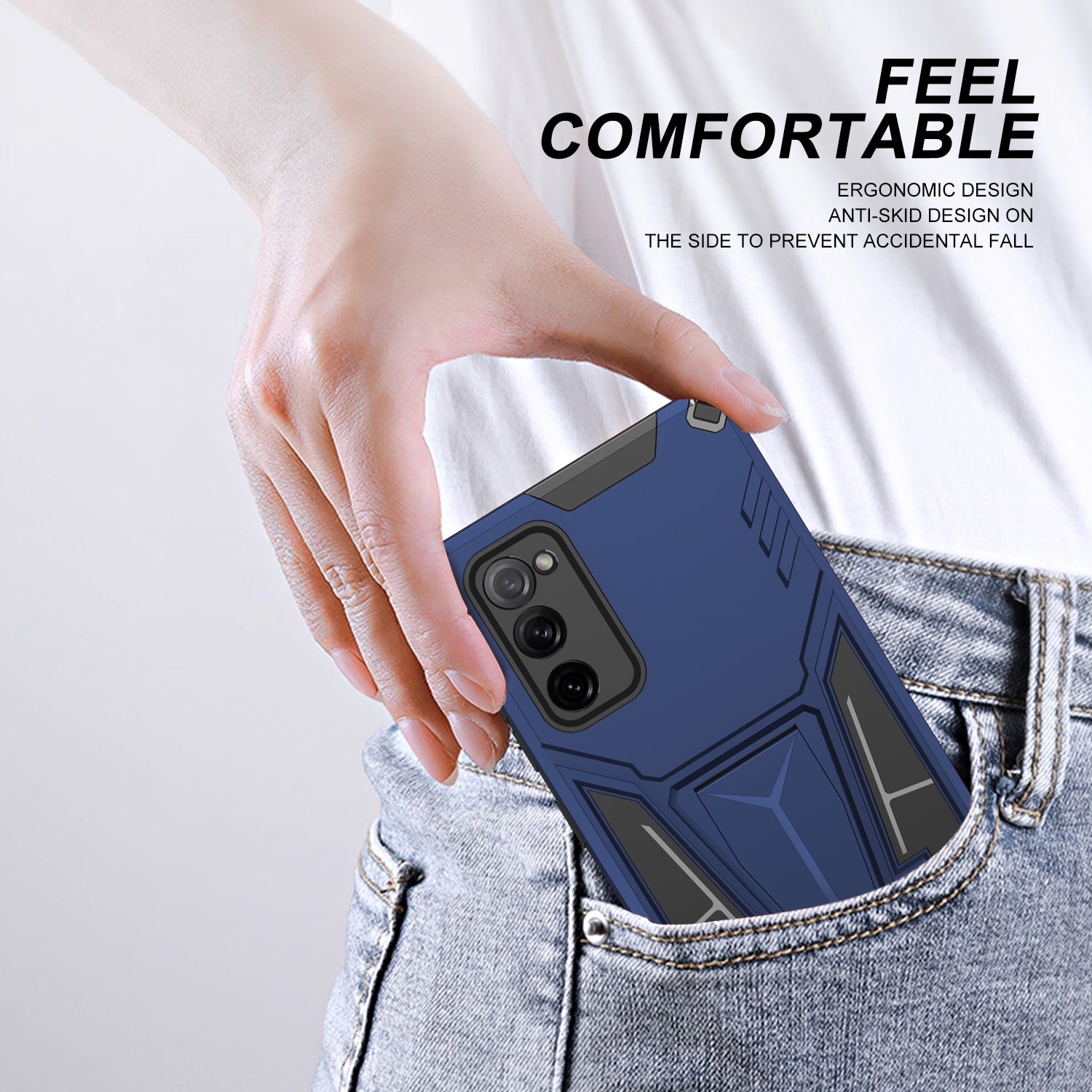 Anti-Fall V-Shaped Kickstand TPU + PC Hybrid Phone Cover Case with Built-in Metal Sheet for Samsung Galaxy S20 FE 2022/S20 FE 4G/S20 FE 5G/S20 Lite - Blue