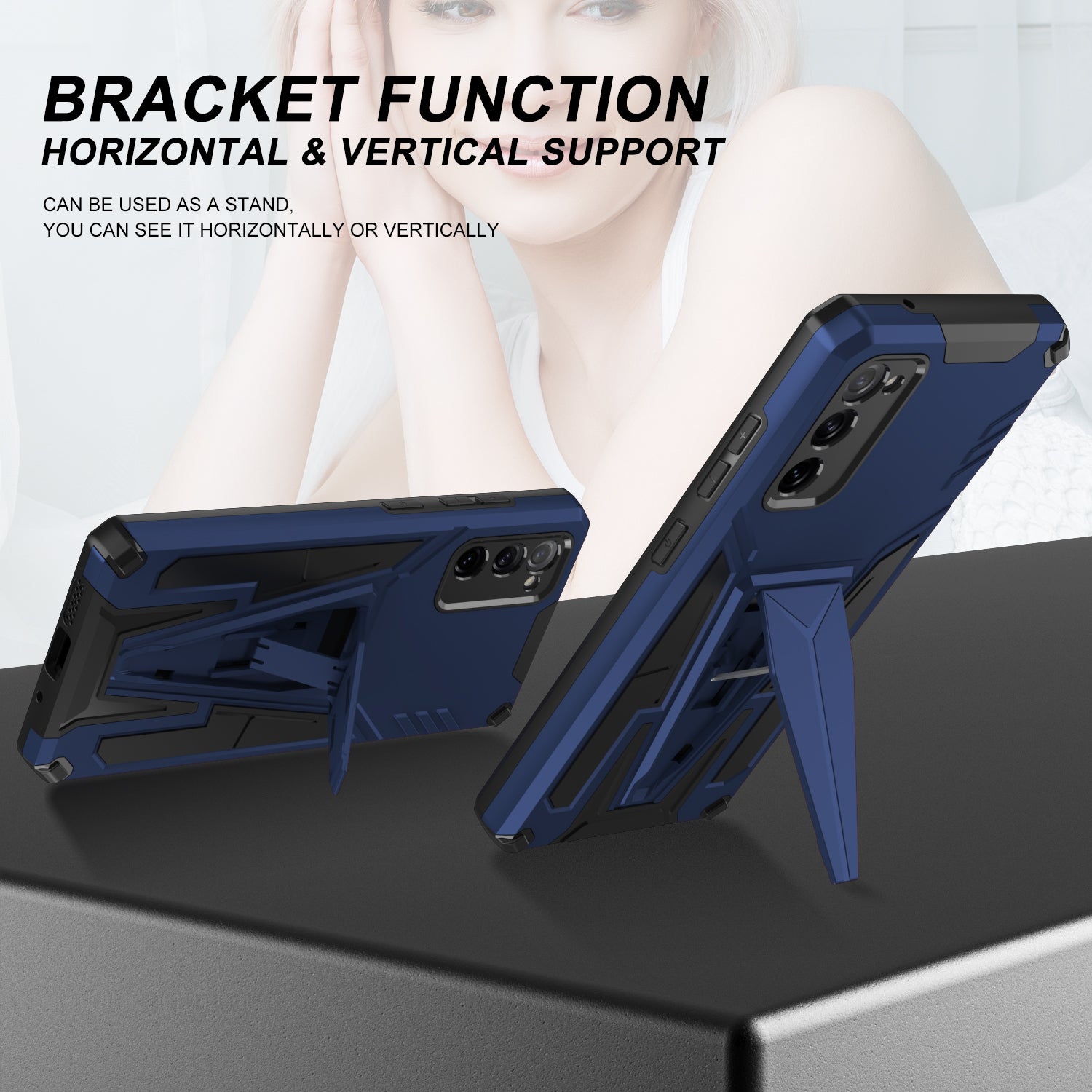 Anti-Fall V-Shaped Kickstand TPU + PC Hybrid Phone Cover Case with Built-in Metal Sheet for Samsung Galaxy S20 FE 2022/S20 FE 4G/S20 FE 5G/S20 Lite - Blue