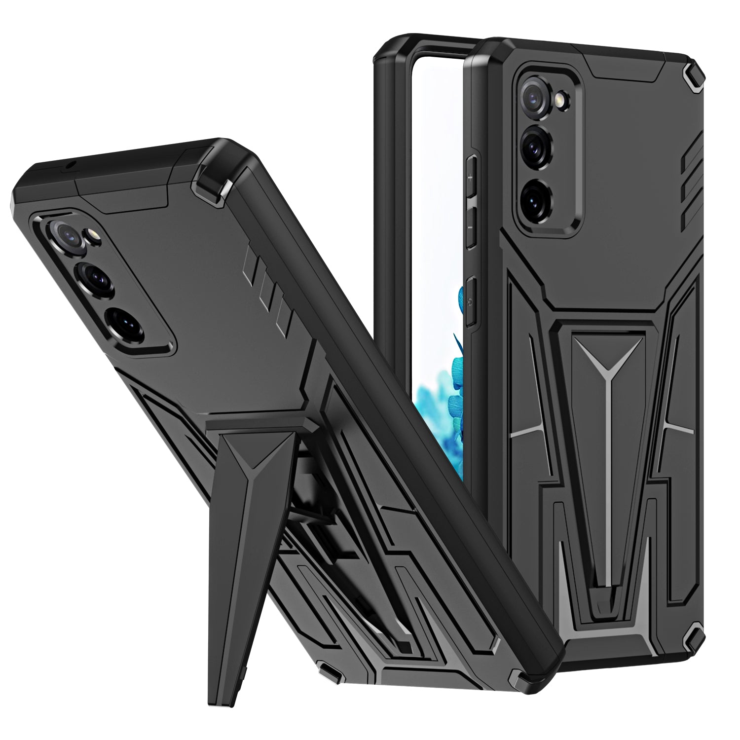 Anti-Fall V-Shaped Kickstand TPU + PC Hybrid Phone Cover Case with Built-in Metal Sheet for Samsung Galaxy S20 FE 2022/S20 FE 4G/S20 FE 5G/S20 Lite - Black