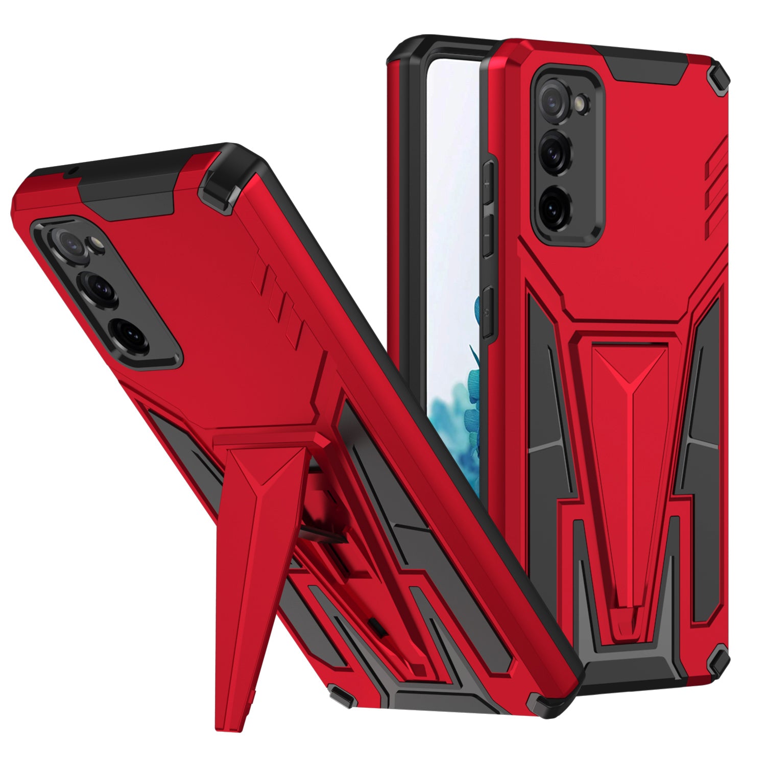 Anti-Fall V-Shaped Kickstand TPU + PC Hybrid Phone Cover Case with Built-in Metal Sheet for Samsung Galaxy S20 FE 2022/S20 FE 4G/S20 FE 5G/S20 Lite - Red