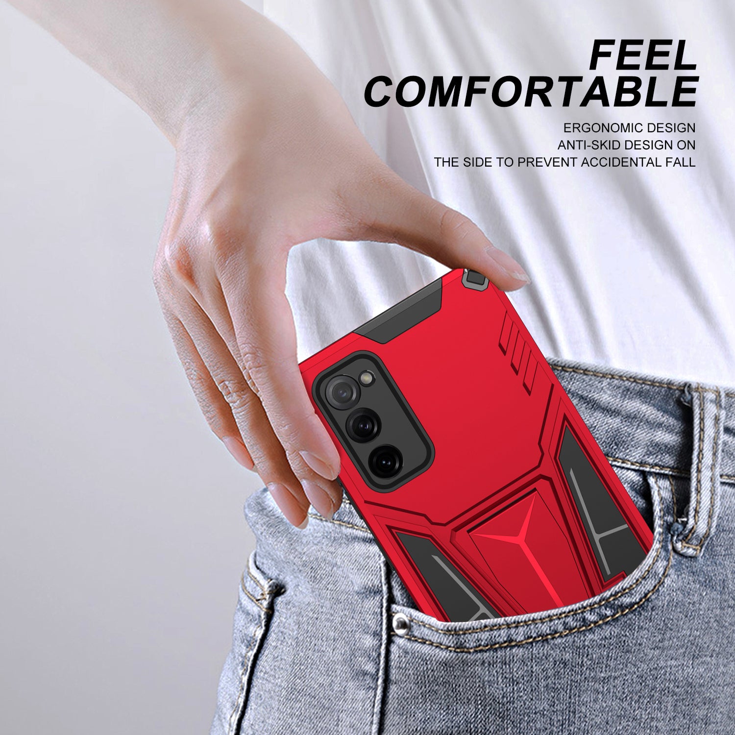 Anti-Fall V-Shaped Kickstand TPU + PC Hybrid Phone Cover Case with Built-in Metal Sheet for Samsung Galaxy S20 FE 2022/S20 FE 4G/S20 FE 5G/S20 Lite - Red