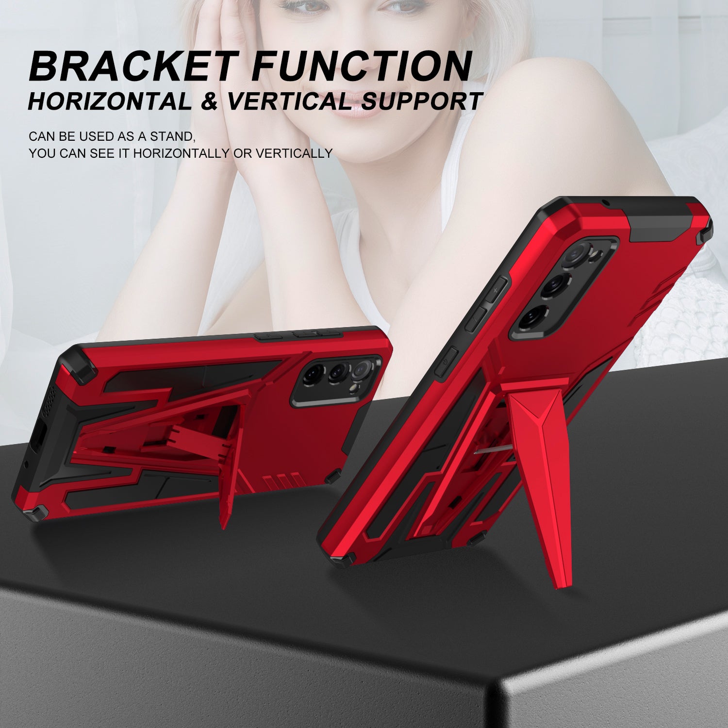 Anti-Fall V-Shaped Kickstand TPU + PC Hybrid Phone Cover Case with Built-in Metal Sheet for Samsung Galaxy S20 FE 2022/S20 FE 4G/S20 FE 5G/S20 Lite - Red