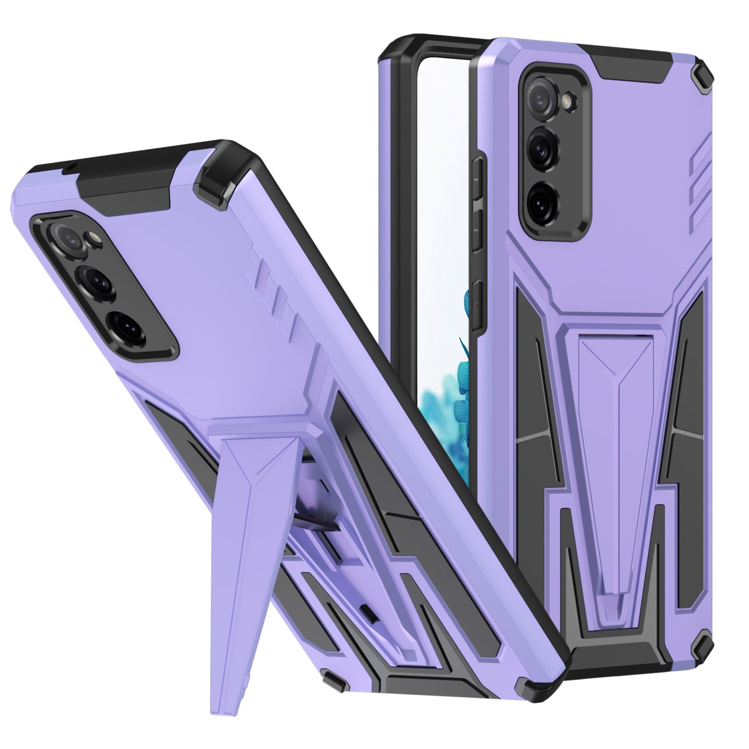 Anti-Fall V-Shaped Kickstand TPU + PC Hybrid Phone Cover Case with Built-in Metal Sheet for Samsung Galaxy S20 FE 2022/S20 FE 4G/S20 FE 5G/S20 Lite - Purple