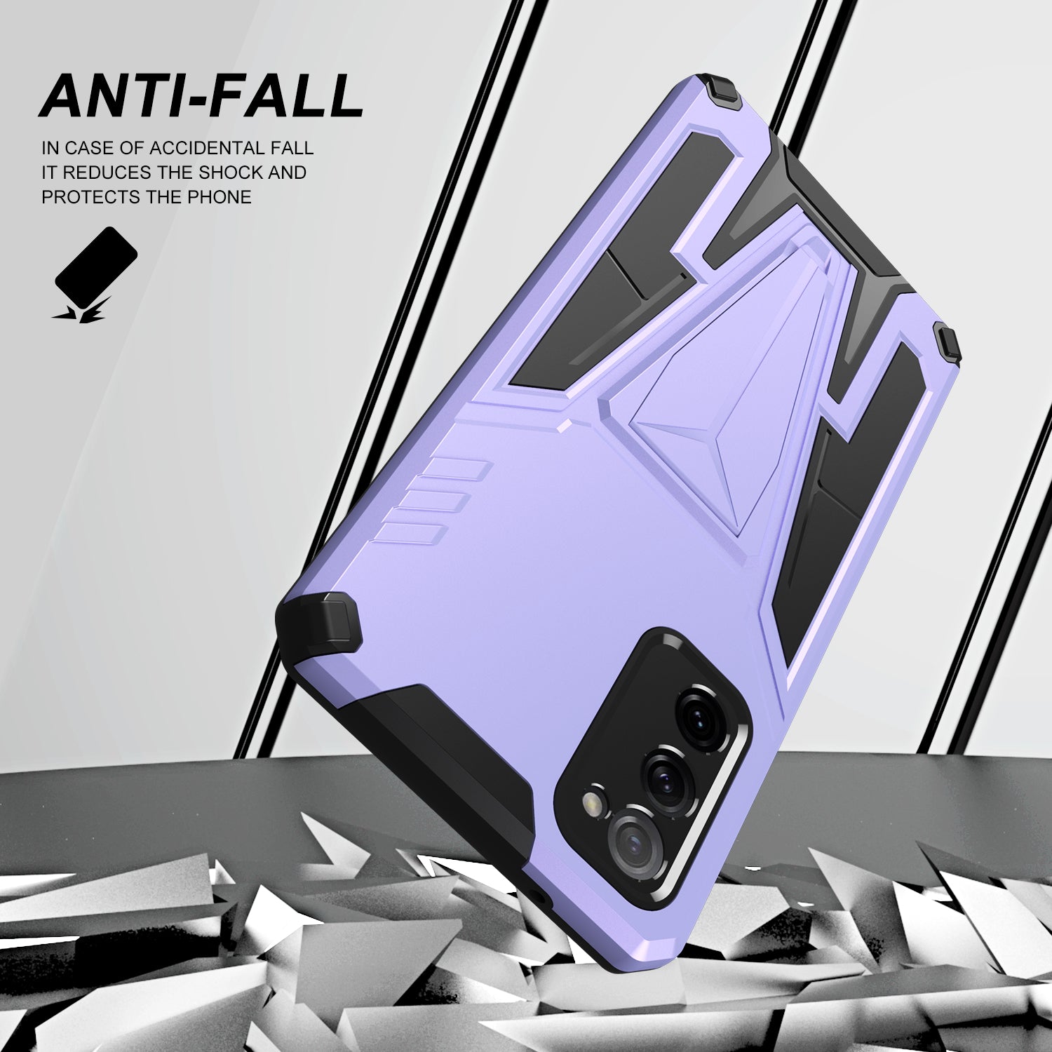 Anti-Fall V-Shaped Kickstand TPU + PC Hybrid Phone Cover Case with Built-in Metal Sheet for Samsung Galaxy S20 FE 2022/S20 FE 4G/S20 FE 5G/S20 Lite - Purple