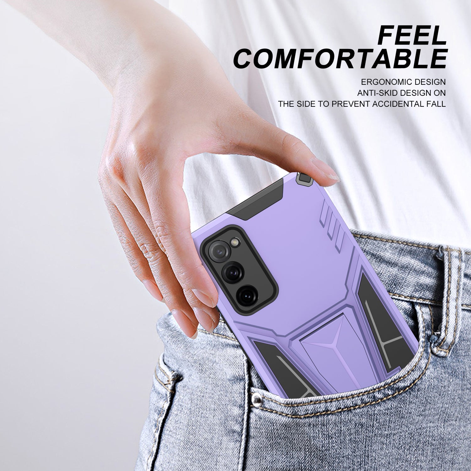 Anti-Fall V-Shaped Kickstand TPU + PC Hybrid Phone Cover Case with Built-in Metal Sheet for Samsung Galaxy S20 FE 2022/S20 FE 4G/S20 FE 5G/S20 Lite - Purple