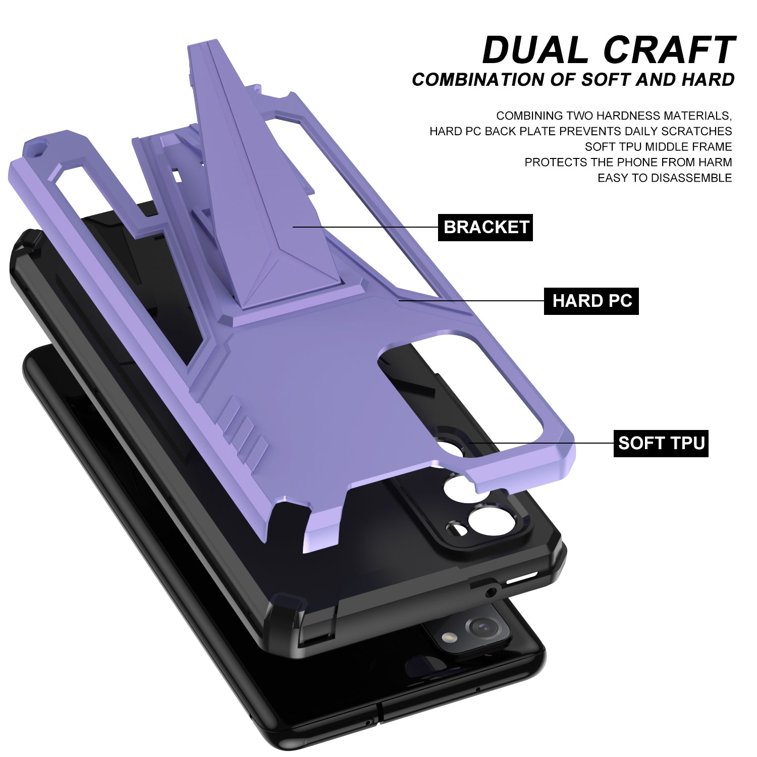 Anti-Fall V-Shaped Kickstand TPU + PC Hybrid Phone Cover Case with Built-in Metal Sheet for Samsung Galaxy S20 FE 2022/S20 FE 4G/S20 FE 5G/S20 Lite - Purple