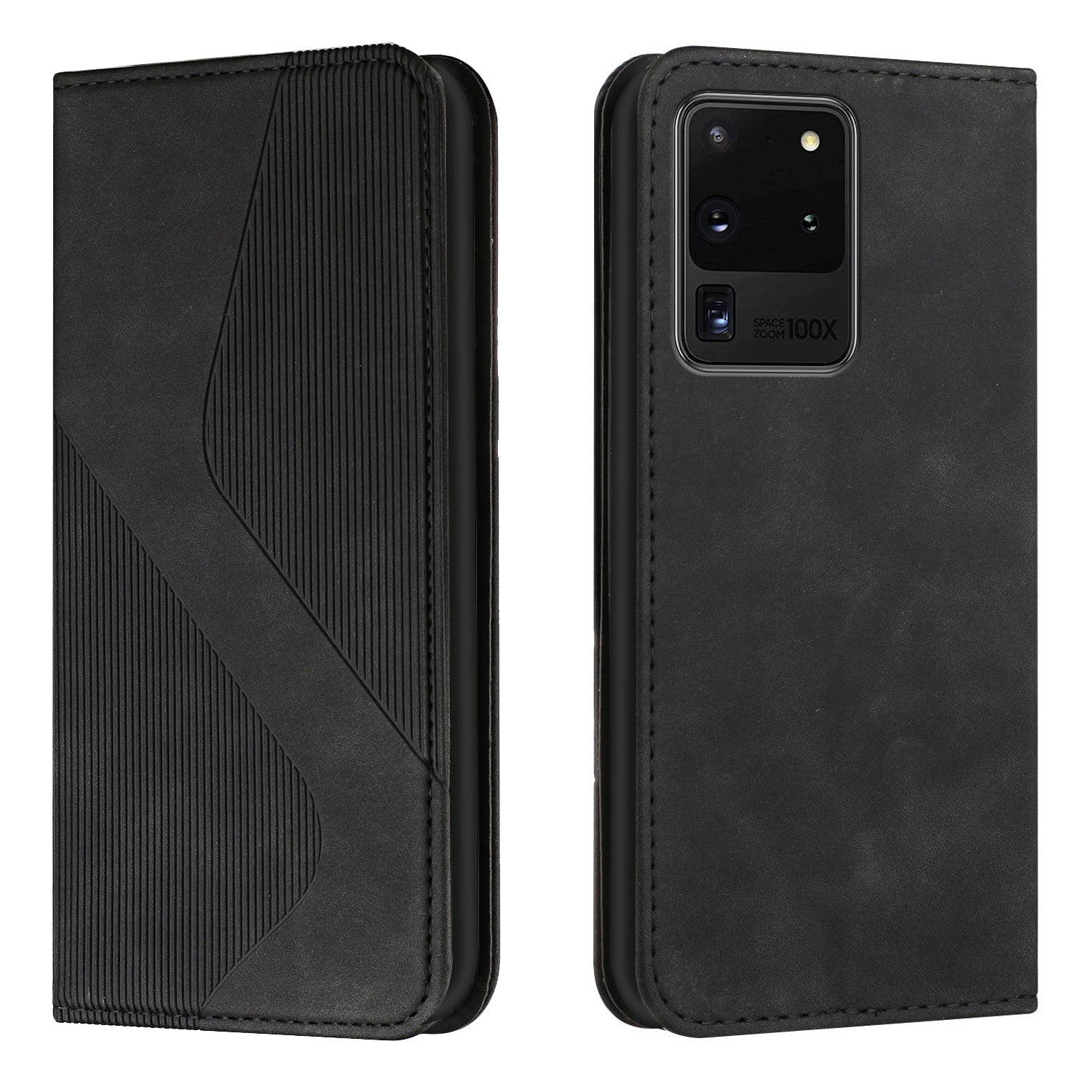 Business Style Strong Magnetic Auto Closing S-shaped Texture Skin-touch PU Leather Phone Case Wallet Cover for Samsung Galaxy S20 Ultra - Black