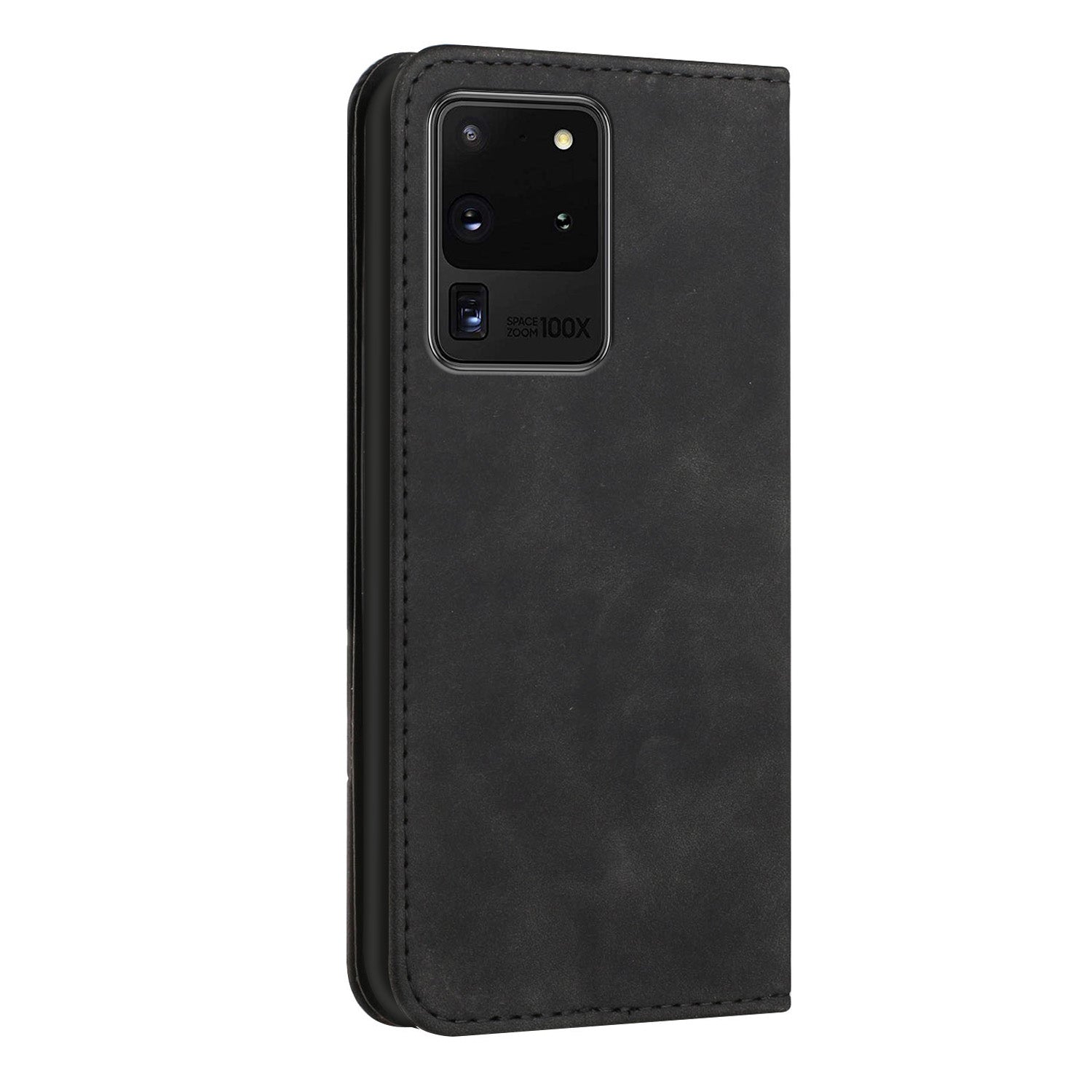 Business Style Strong Magnetic Auto Closing S-shaped Texture Skin-touch PU Leather Phone Case Wallet Cover for Samsung Galaxy S20 Ultra - Black