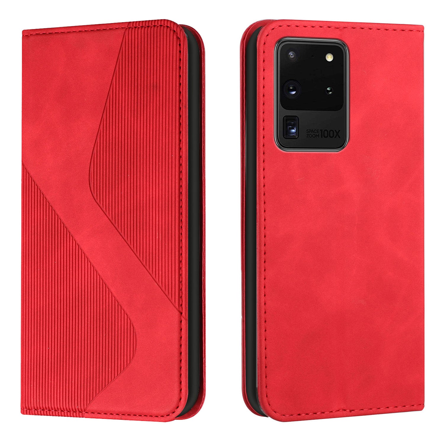 Business Style Strong Magnetic Auto Closing S-shaped Texture Skin-touch PU Leather Phone Case Wallet Cover for Samsung Galaxy S20 Ultra - Red