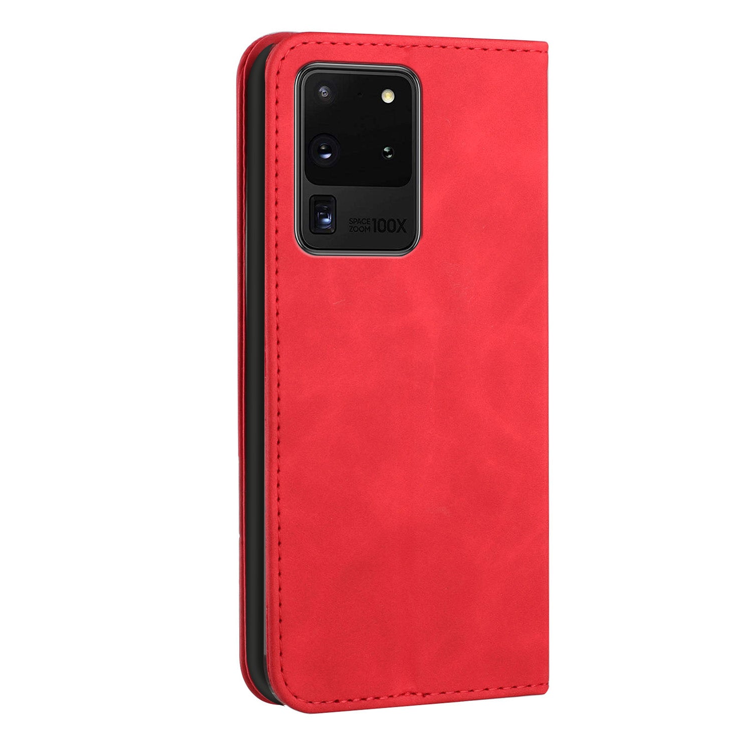 Business Style Strong Magnetic Auto Closing S-shaped Texture Skin-touch PU Leather Phone Case Wallet Cover for Samsung Galaxy S20 Ultra - Red