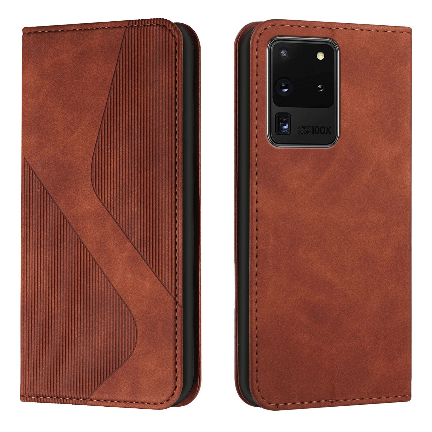 Business Style Strong Magnetic Auto Closing S-shaped Texture Skin-touch PU Leather Phone Case Wallet Cover for Samsung Galaxy S20 Ultra - Brown