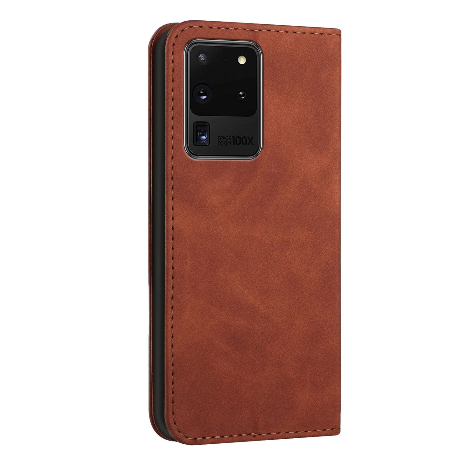 Business Style Strong Magnetic Auto Closing S-shaped Texture Skin-touch PU Leather Phone Case Wallet Cover for Samsung Galaxy S20 Ultra - Brown