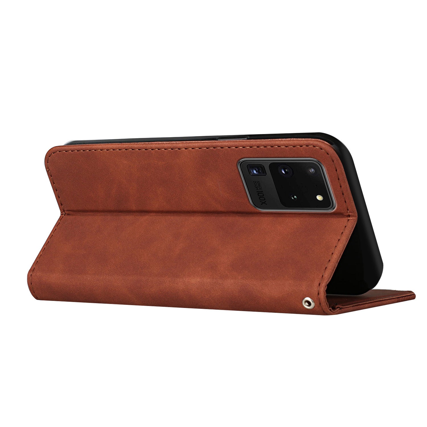 Business Style Strong Magnetic Auto Closing S-shaped Texture Skin-touch PU Leather Phone Case Wallet Cover for Samsung Galaxy S20 Ultra - Brown