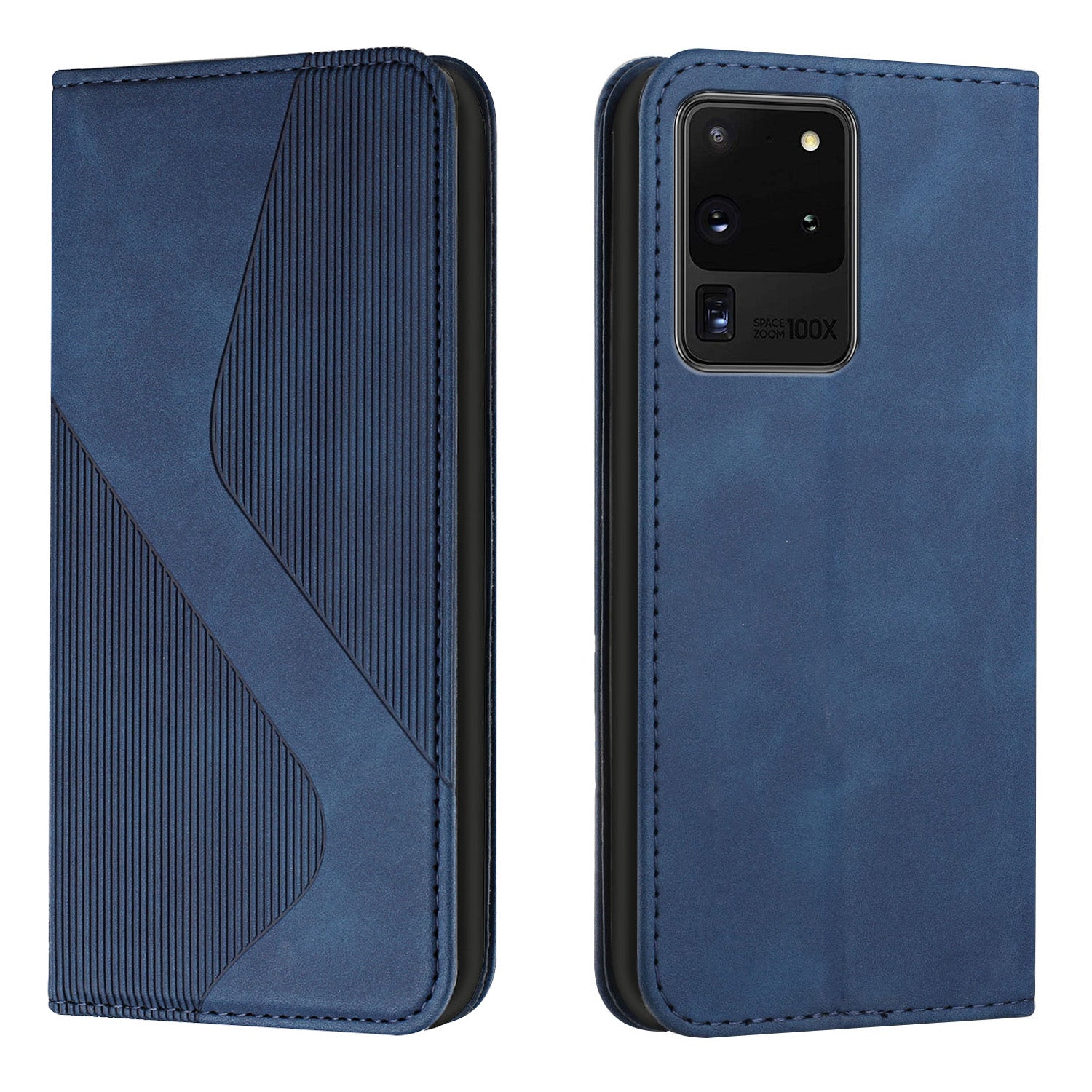 Business Style Strong Magnetic Auto Closing S-shaped Texture Skin-touch PU Leather Phone Case Wallet Cover for Samsung Galaxy S20 Ultra - Blue