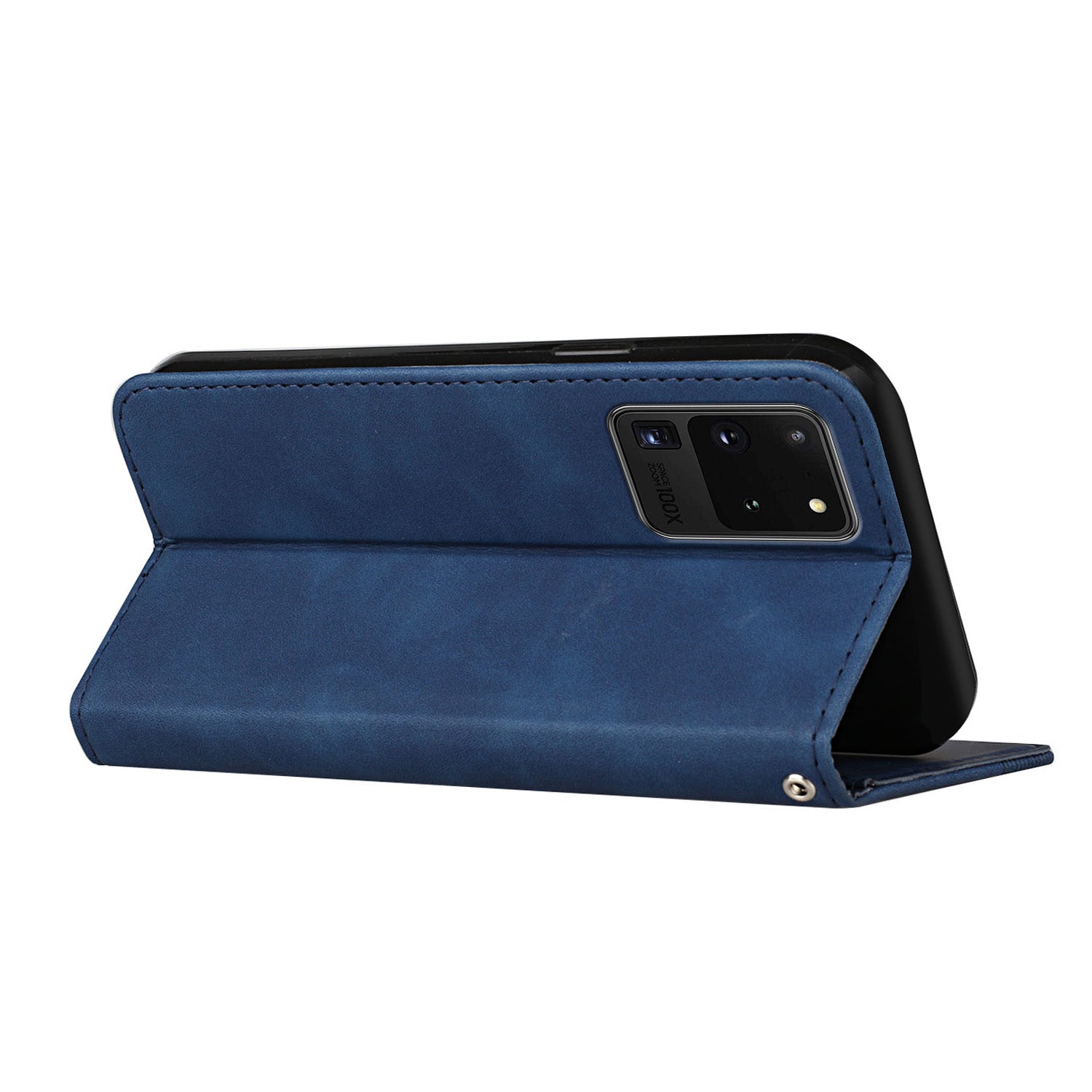 Business Style Strong Magnetic Auto Closing S-shaped Texture Skin-touch PU Leather Phone Case Wallet Cover for Samsung Galaxy S20 Ultra - Blue