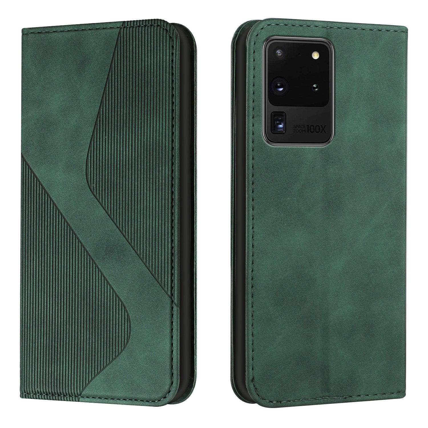 Business Style Strong Magnetic Auto Closing S-shaped Texture Skin-touch PU Leather Phone Case Wallet Cover for Samsung Galaxy S20 Ultra - Green