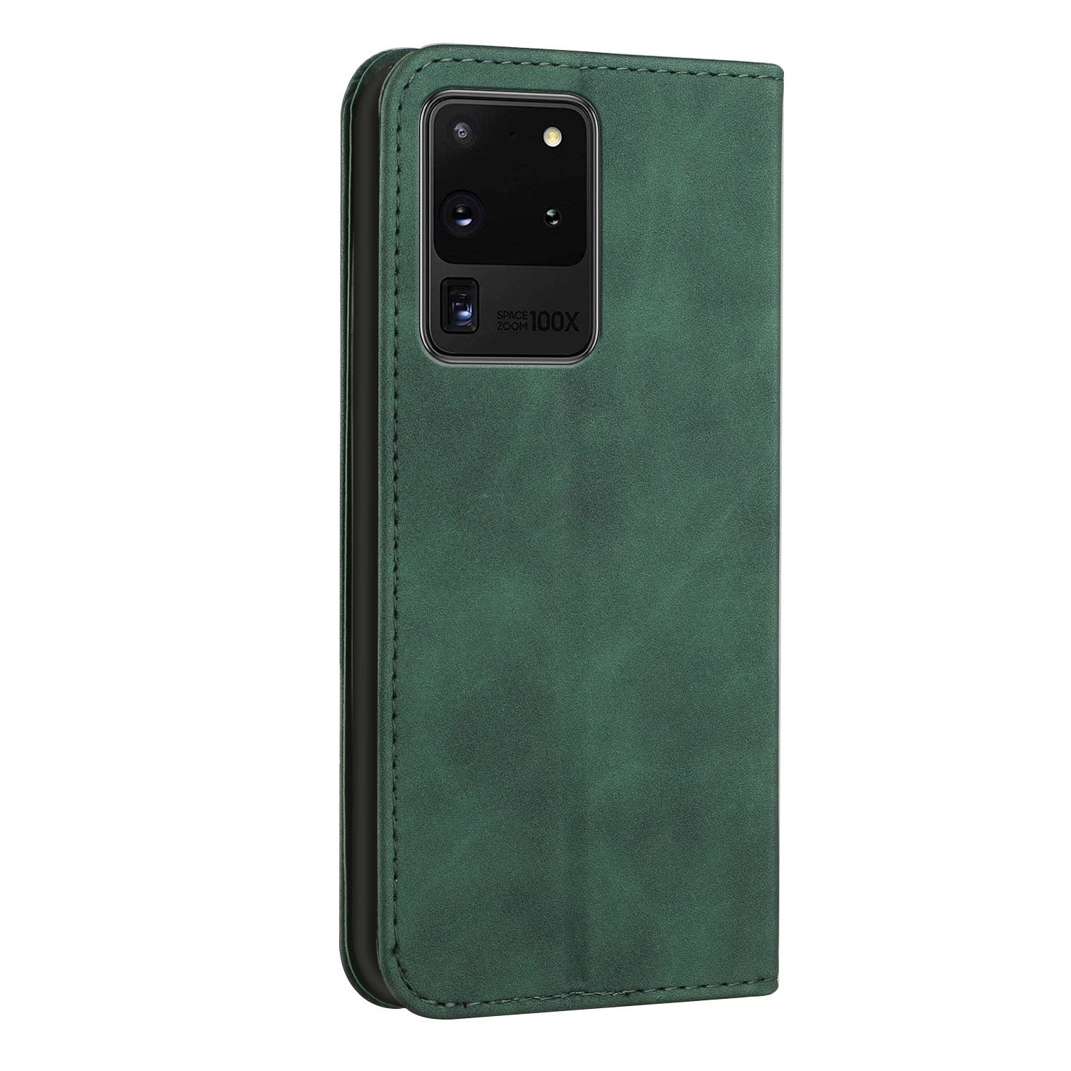 Business Style Strong Magnetic Auto Closing S-shaped Texture Skin-touch PU Leather Phone Case Wallet Cover for Samsung Galaxy S20 Ultra - Green