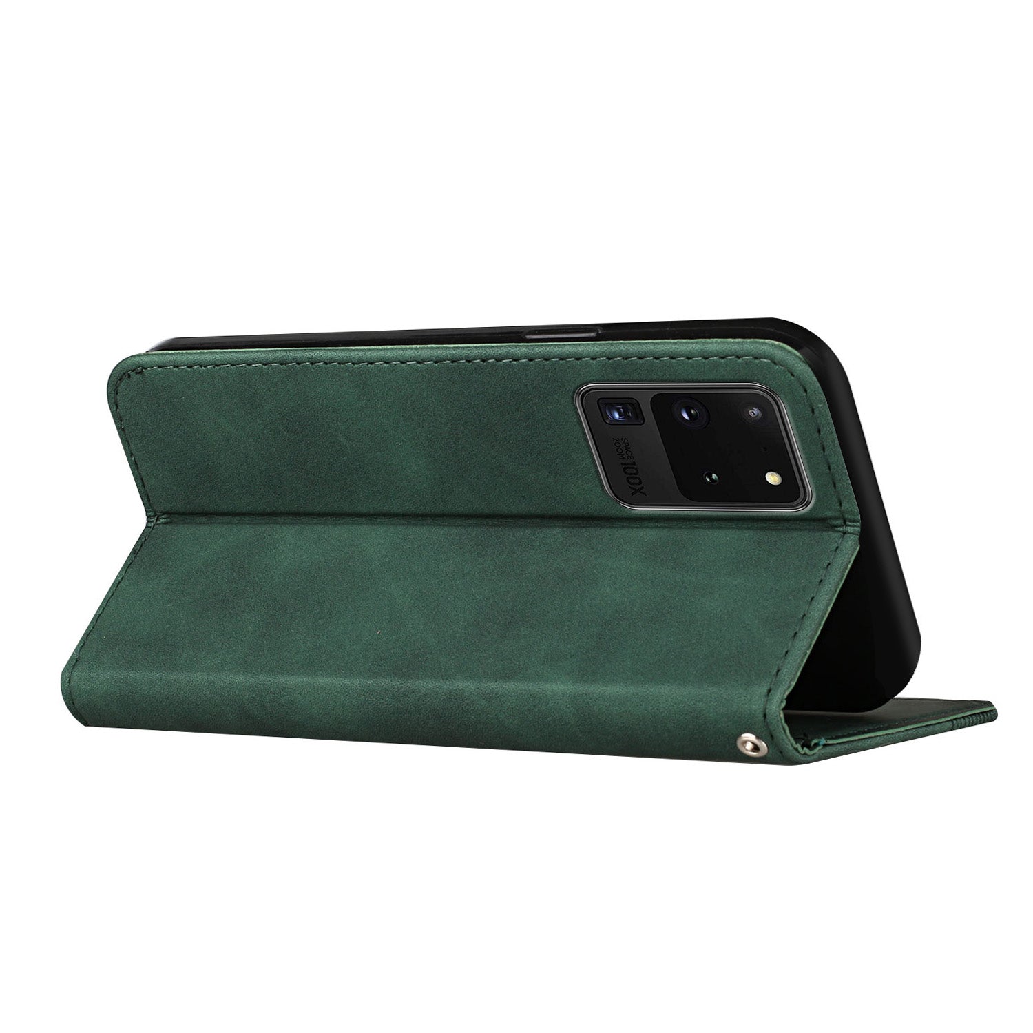 Business Style Strong Magnetic Auto Closing S-shaped Texture Skin-touch PU Leather Phone Case Wallet Cover for Samsung Galaxy S20 Ultra - Green