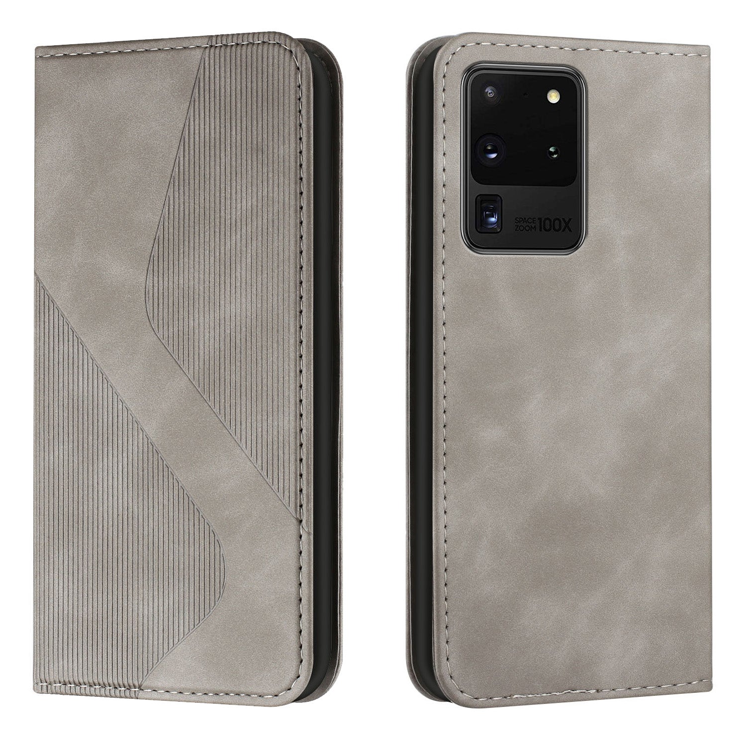 Business Style Strong Magnetic Auto Closing S-shaped Texture Skin-touch PU Leather Phone Case Wallet Cover for Samsung Galaxy S20 Ultra - Grey