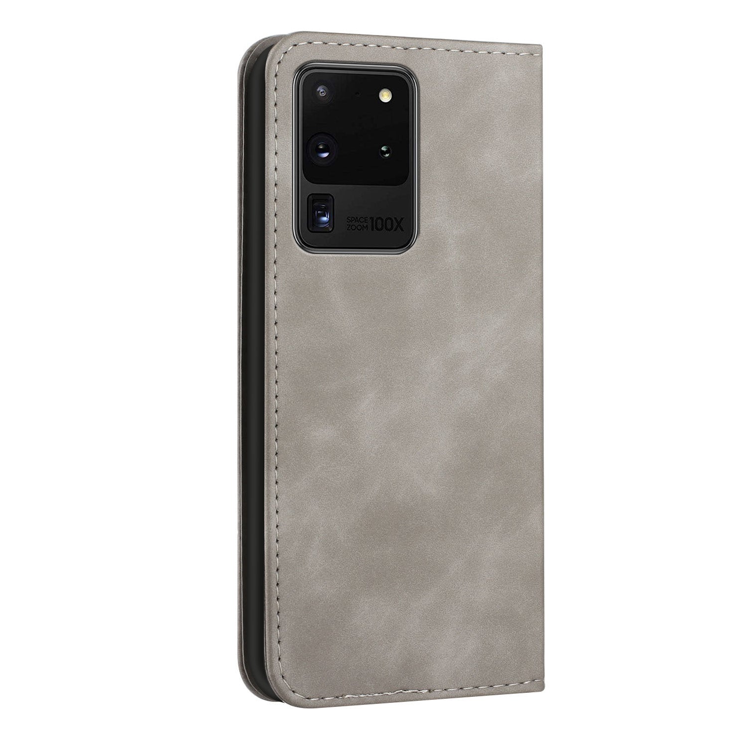 Business Style Strong Magnetic Auto Closing S-shaped Texture Skin-touch PU Leather Phone Case Wallet Cover for Samsung Galaxy S20 Ultra - Grey