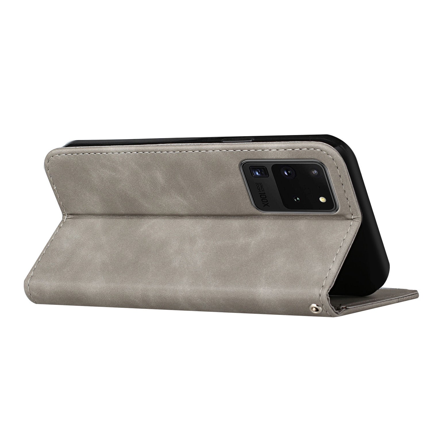 Business Style Strong Magnetic Auto Closing S-shaped Texture Skin-touch PU Leather Phone Case Wallet Cover for Samsung Galaxy S20 Ultra - Grey