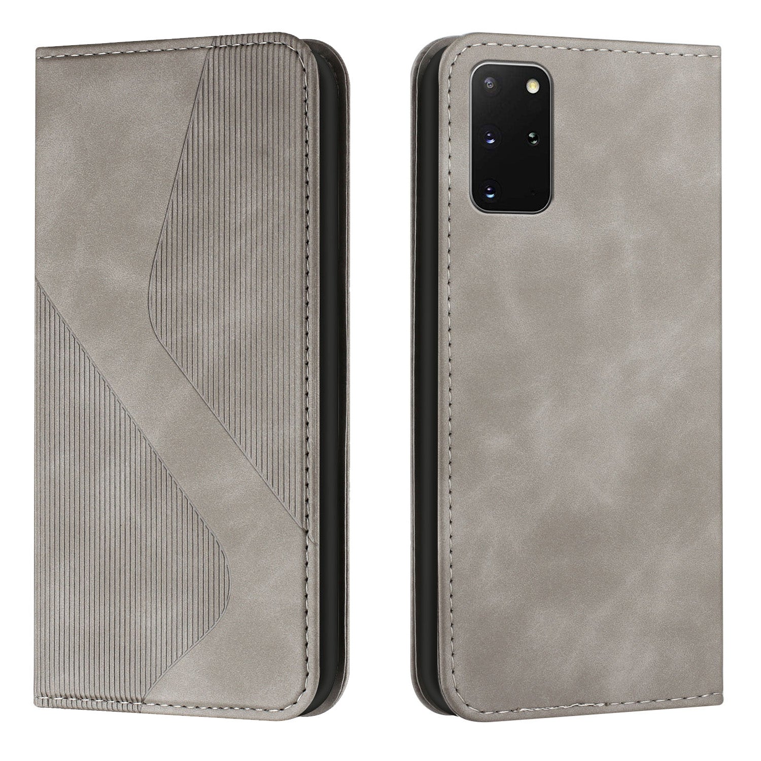 S-shaped Texture Auto-absorbed Drop-resistant Leather Wallet Stand Case for Samsung Galaxy S20 Plus 4G/5G - Grey