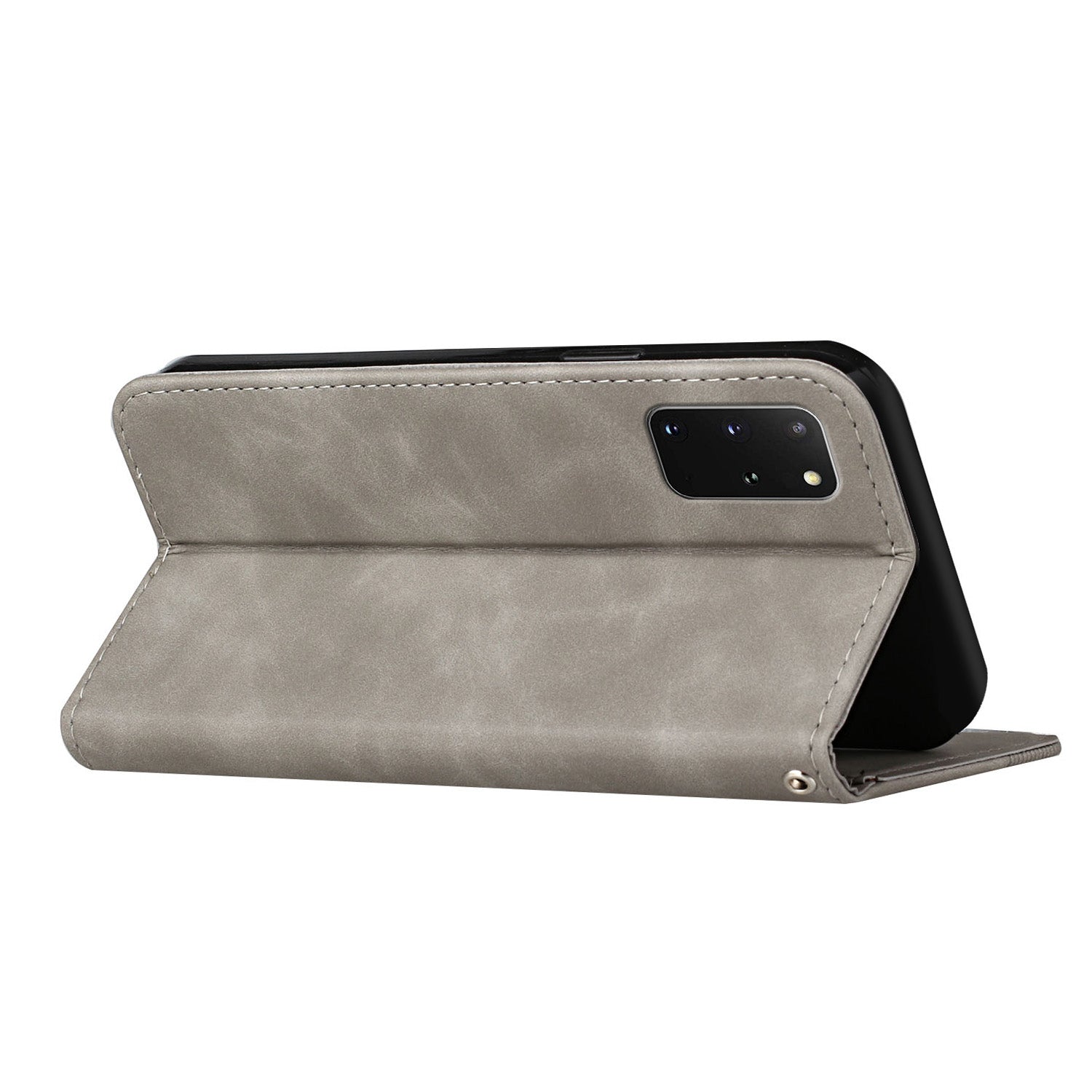 S-shaped Texture Auto-absorbed Drop-resistant Leather Wallet Stand Case for Samsung Galaxy S20 Plus 4G/5G - Grey