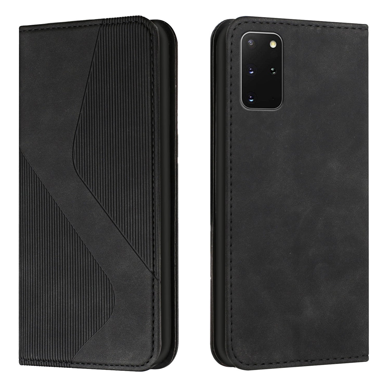 S-shaped Texture Auto-absorbed Drop-resistant Leather Wallet Stand Case for Samsung Galaxy S20 Plus 4G/5G - Black