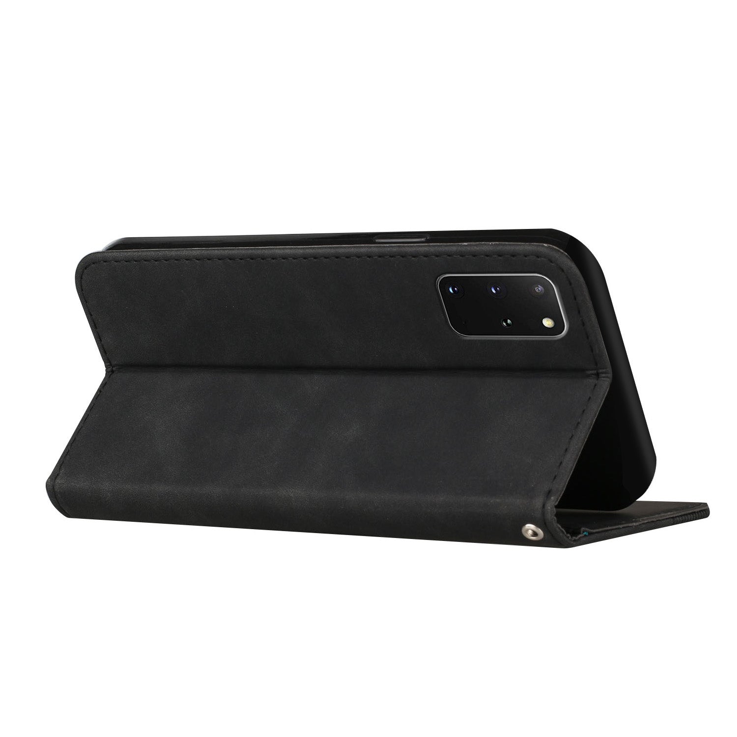 S-shaped Texture Auto-absorbed Drop-resistant Leather Wallet Stand Case for Samsung Galaxy S20 Plus 4G/5G - Black