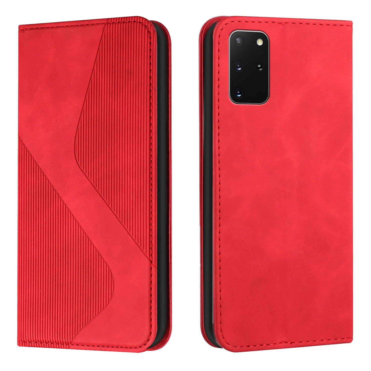 S-shaped Texture Auto-absorbed Drop-resistant Leather Wallet Stand Case for Samsung Galaxy S20 Plus 4G/5G - Red