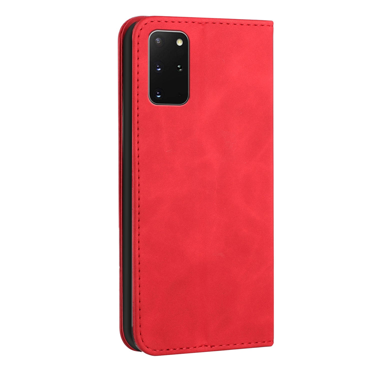 S-shaped Texture Auto-absorbed Drop-resistant Leather Wallet Stand Case for Samsung Galaxy S20 Plus 4G/5G - Red