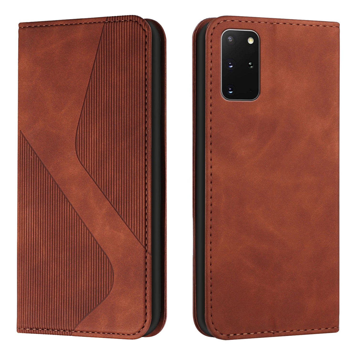 S-shaped Texture Auto-absorbed Drop-resistant Leather Wallet Stand Case for Samsung Galaxy S20 Plus 4G/5G - Brown