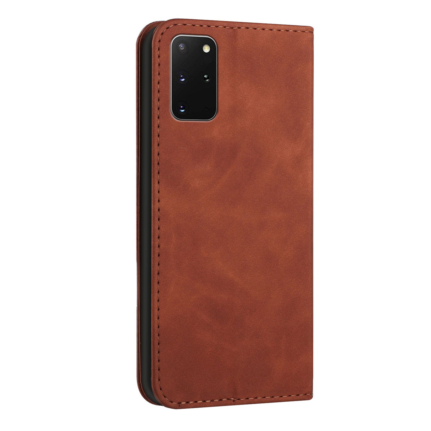 S-shaped Texture Auto-absorbed Drop-resistant Leather Wallet Stand Case for Samsung Galaxy S20 Plus 4G/5G - Brown