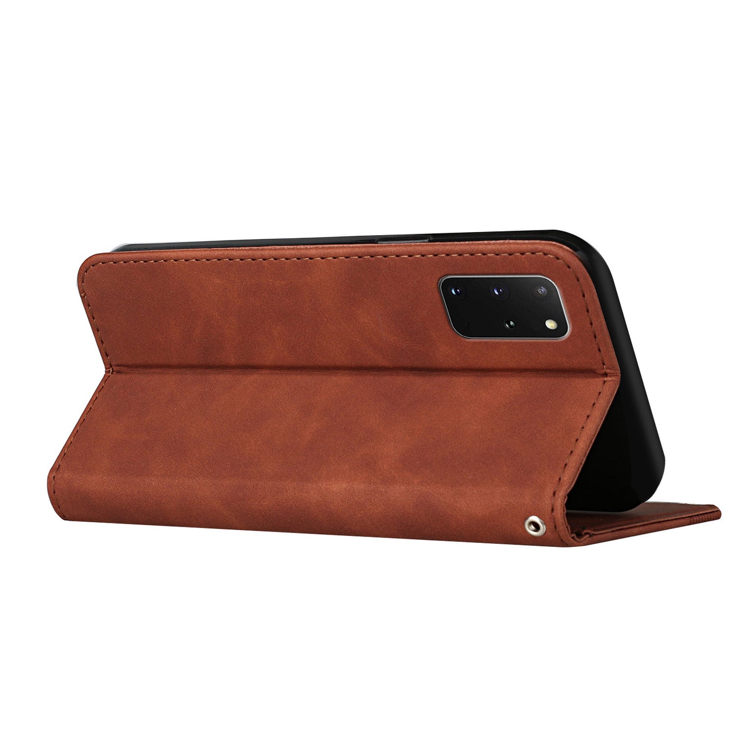 S-shaped Texture Auto-absorbed Drop-resistant Leather Wallet Stand Case for Samsung Galaxy S20 Plus 4G/5G - Brown