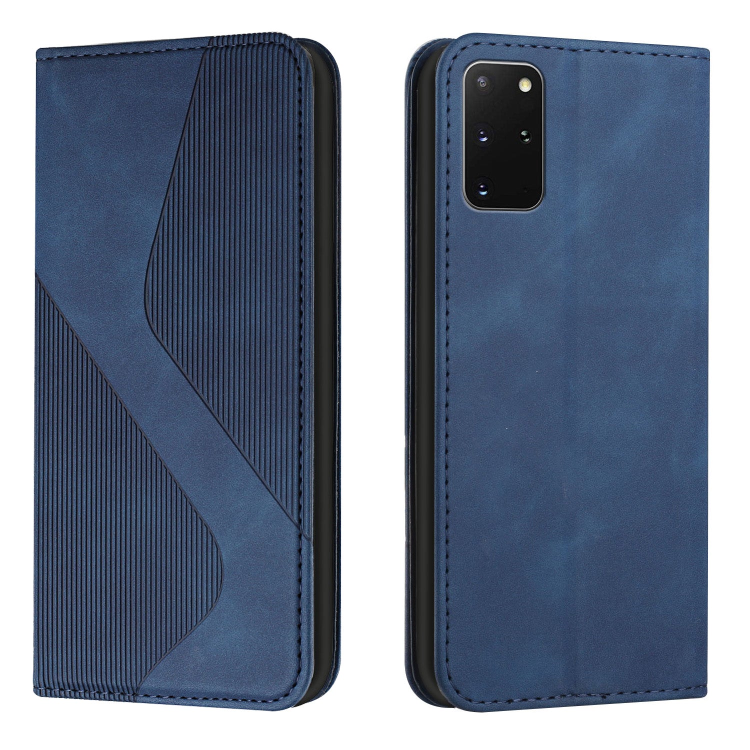 S-shaped Texture Auto-absorbed Drop-resistant Leather Wallet Stand Case for Samsung Galaxy S20 Plus 4G/5G - Blue