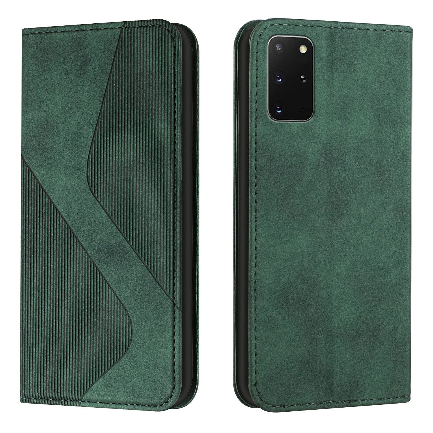 S-shaped Texture Auto-absorbed Drop-resistant Leather Wallet Stand Case for Samsung Galaxy S20 Plus 4G/5G - Green