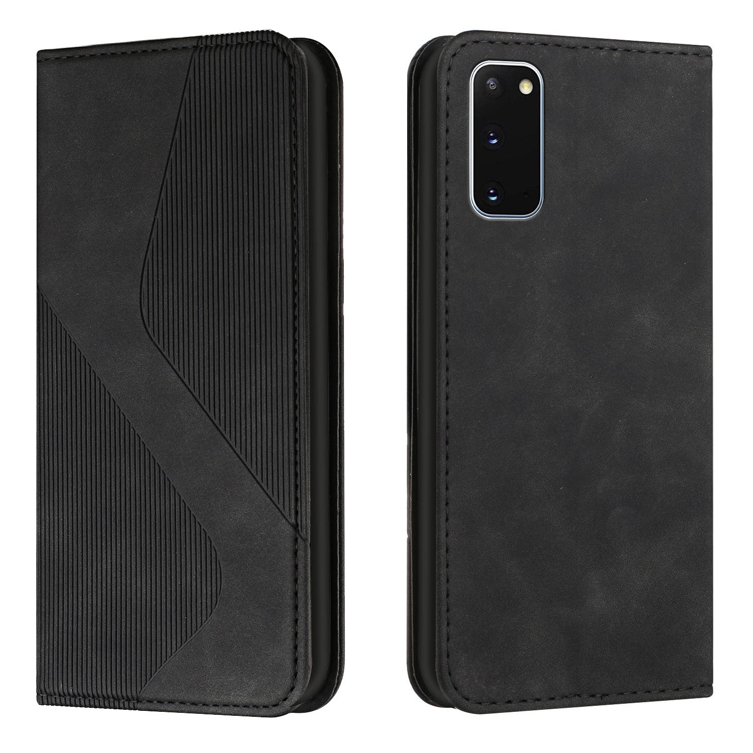 Anti-scratch Auto-absorbed Magnetic Closure S-shaped Texture Leather Flip Wallet Stand Case for Samsung Galaxy S20 4G/S20 5G - Black