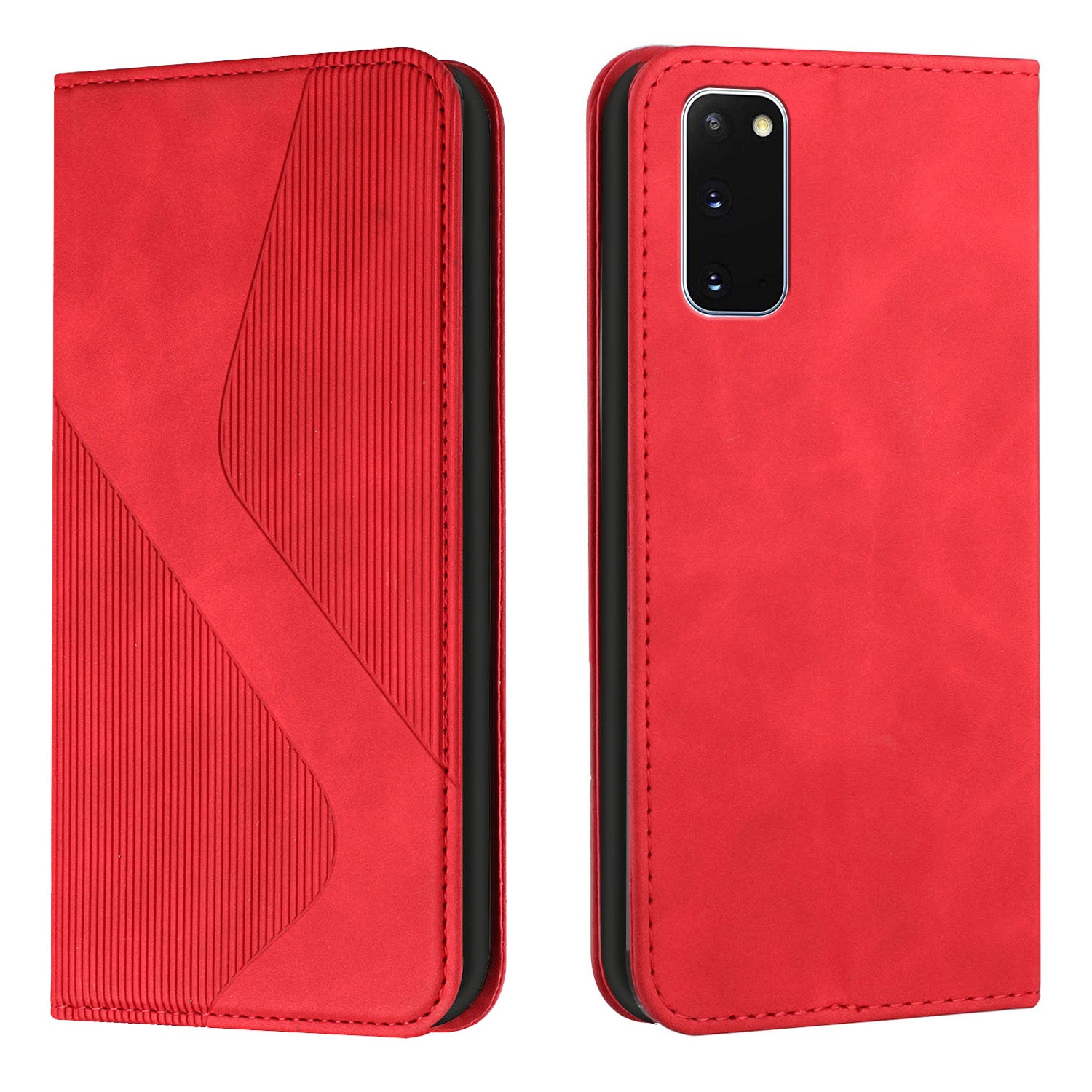 Anti-scratch Auto-absorbed Magnetic Closure S-shaped Texture Leather Flip Wallet Stand Case for Samsung Galaxy S20 4G/S20 5G - Red