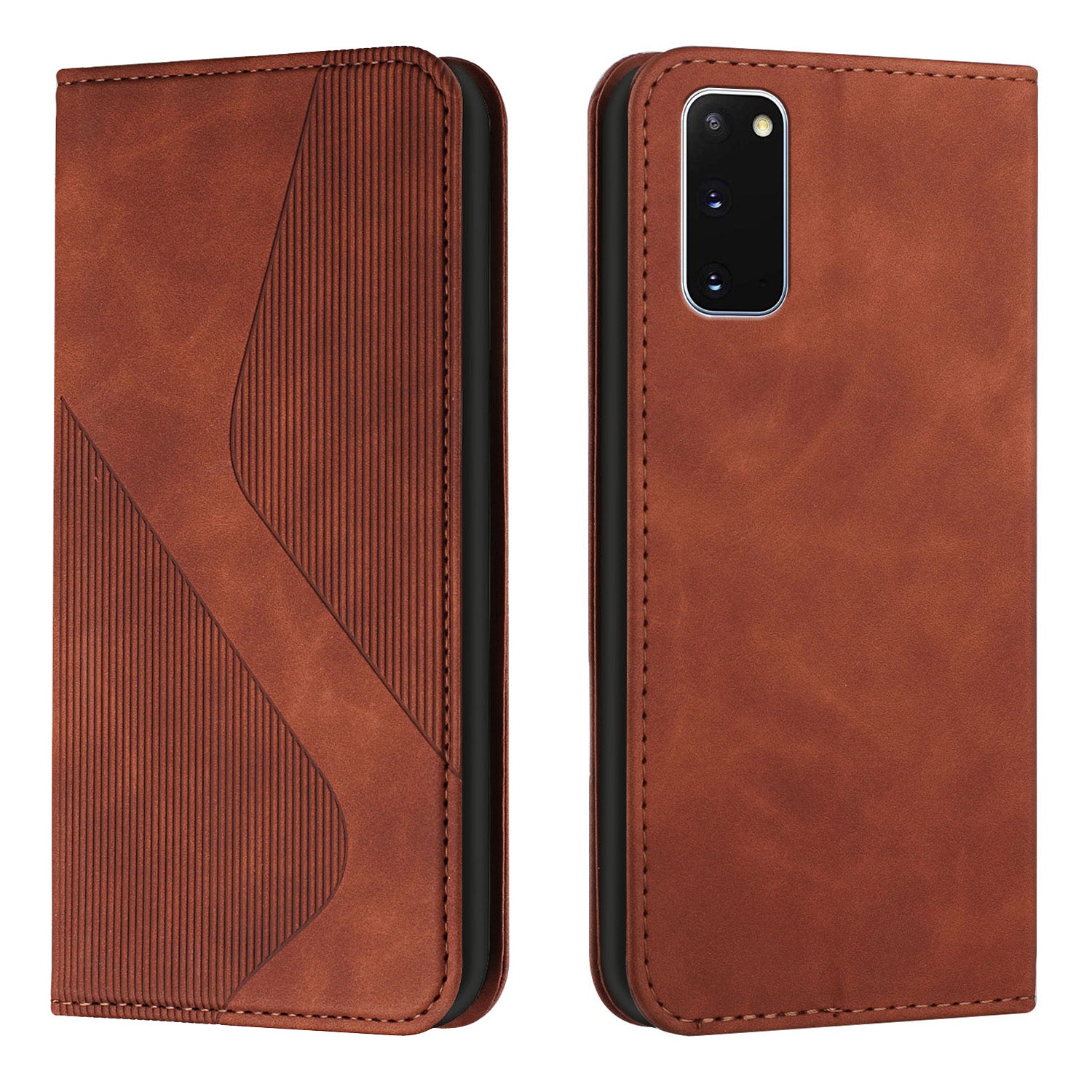 Anti-scratch Auto-absorbed Magnetic Closure S-shaped Texture Leather Flip Wallet Stand Case for Samsung Galaxy S20 4G/S20 5G - Brown