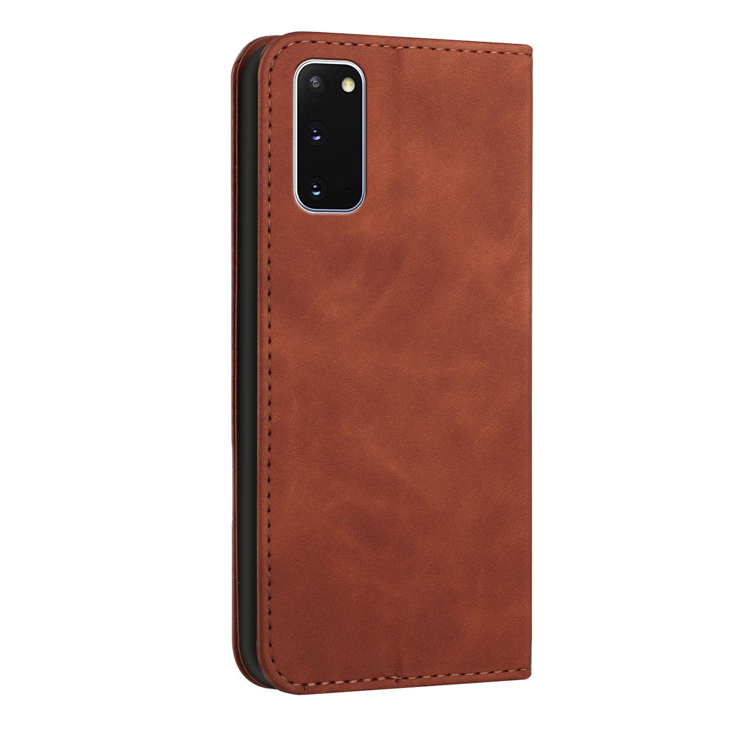 Anti-scratch Auto-absorbed Magnetic Closure S-shaped Texture Leather Flip Wallet Stand Case for Samsung Galaxy S20 4G/S20 5G - Brown