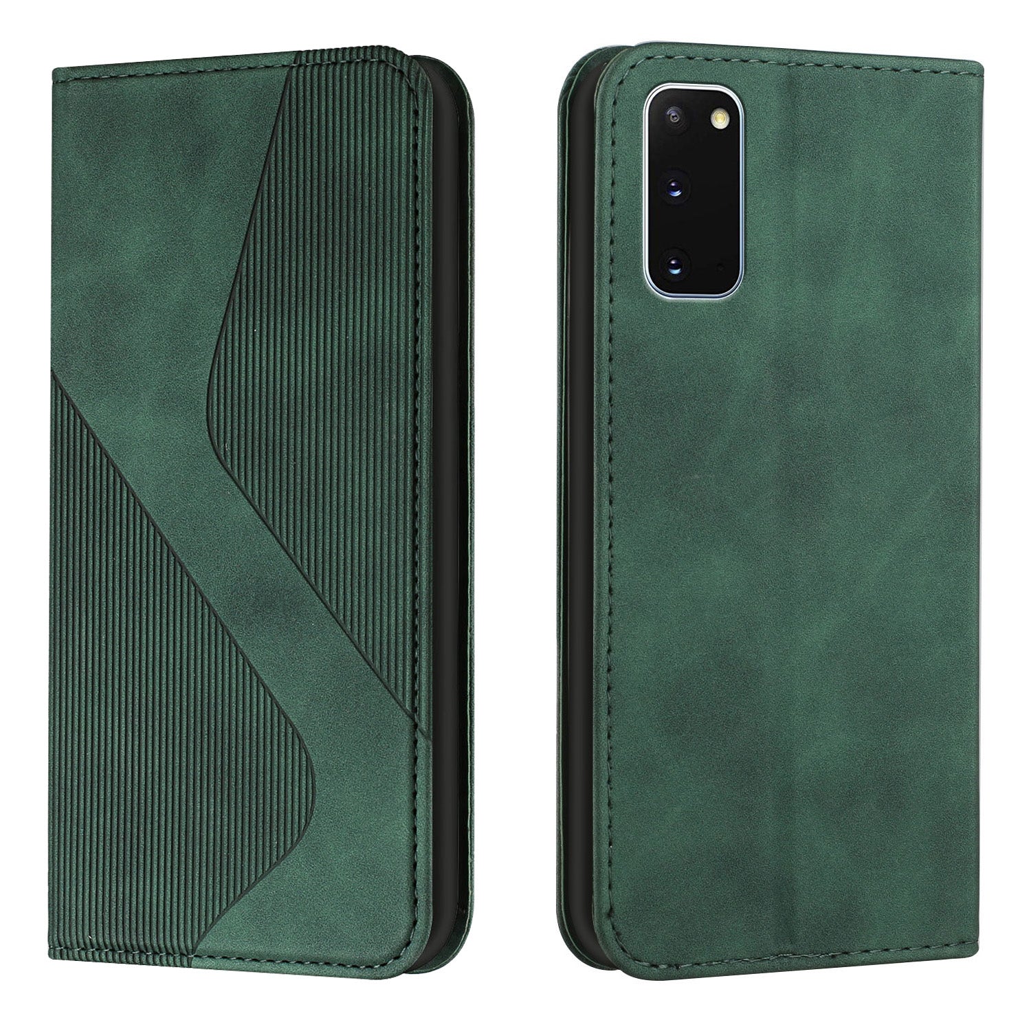 Anti-scratch Auto-absorbed Magnetic Closure S-shaped Texture Leather Flip Wallet Stand Case for Samsung Galaxy S20 4G/S20 5G - Green