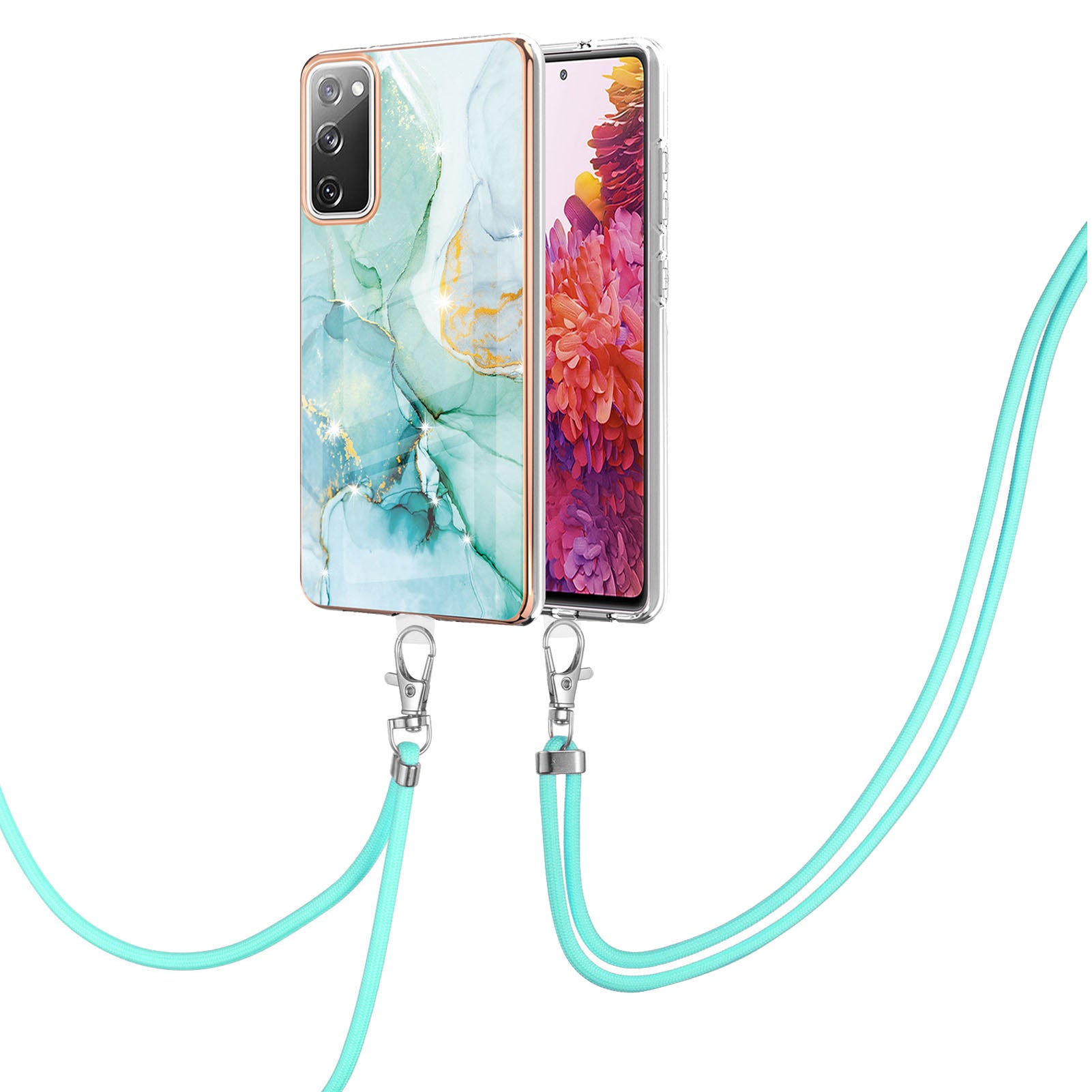 Marble Pattern IMD Soft Electroplated TPU Anti-Scratch Shockproof Case with Lanyard for Samsung Galaxy S20 FE/S20 FE 5G/S20 Lite/S20 FE 2022 - Green 003