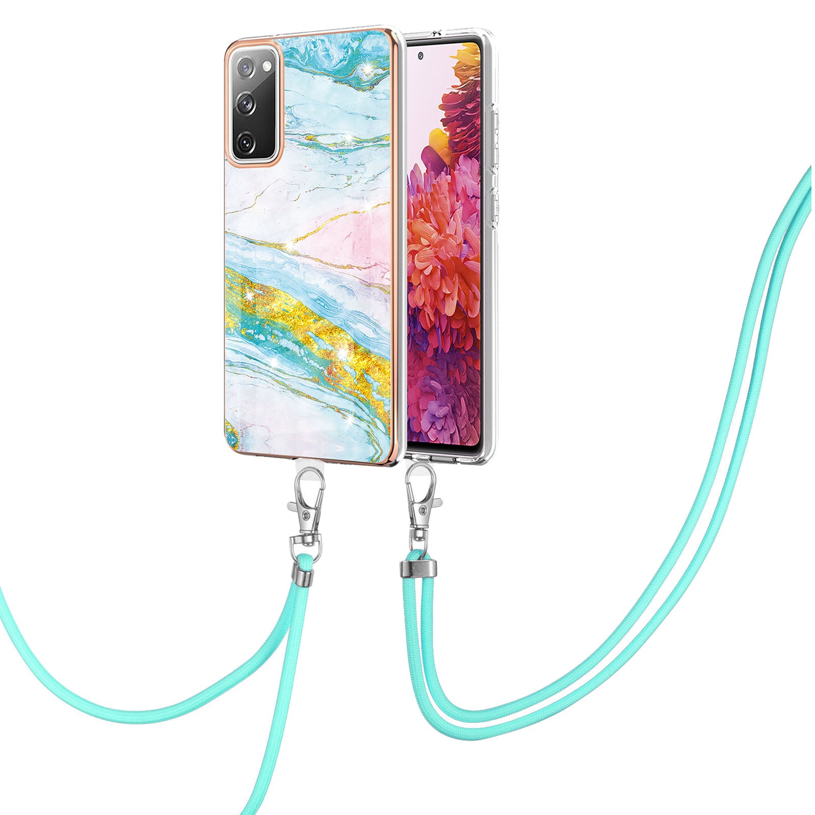 Marble Pattern IMD Soft Electroplated TPU Anti-Scratch Shockproof Case with Lanyard for Samsung Galaxy S20 FE/S20 FE 5G/S20 Lite/S20 FE 2022 - Green 004