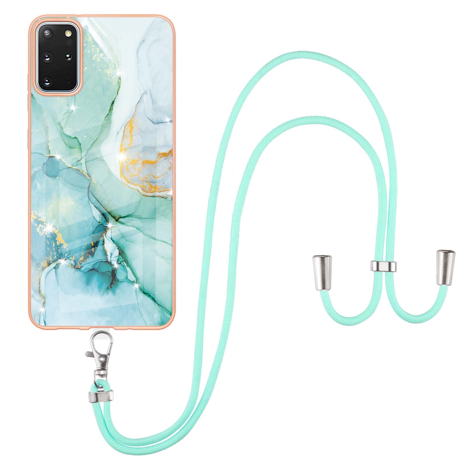 Marble Pattern Electroplated Edge Flexible TPU IMD Stylish Shockproof Phone Shell with Strap for Samsung Galaxy S20 Plus 4G/5G - Green 003