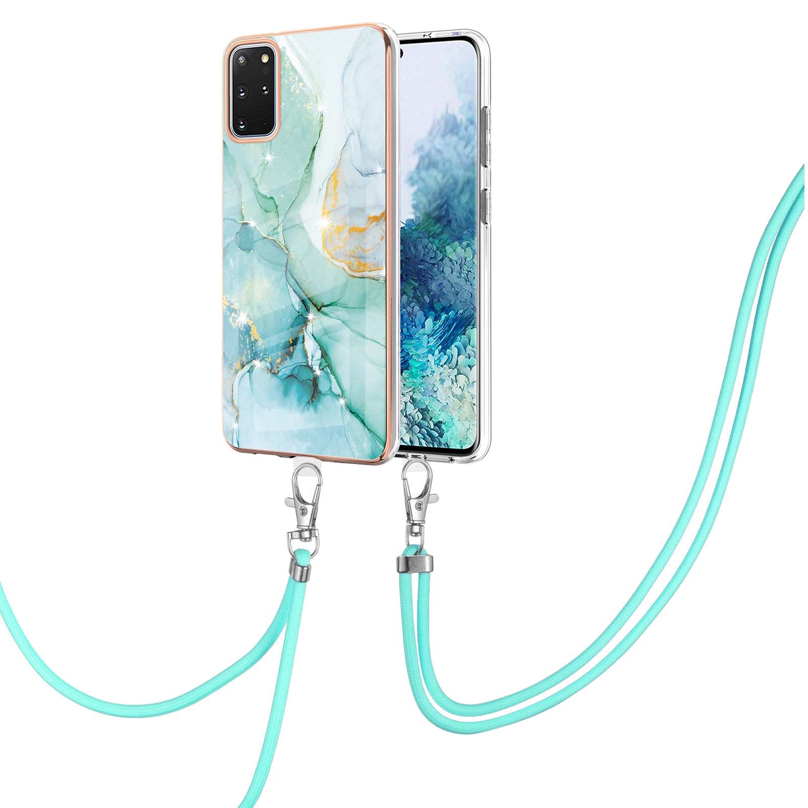 Marble Pattern Electroplated Edge Flexible TPU IMD Stylish Shockproof Phone Shell with Strap for Samsung Galaxy S20 Plus 4G/5G - Green 003