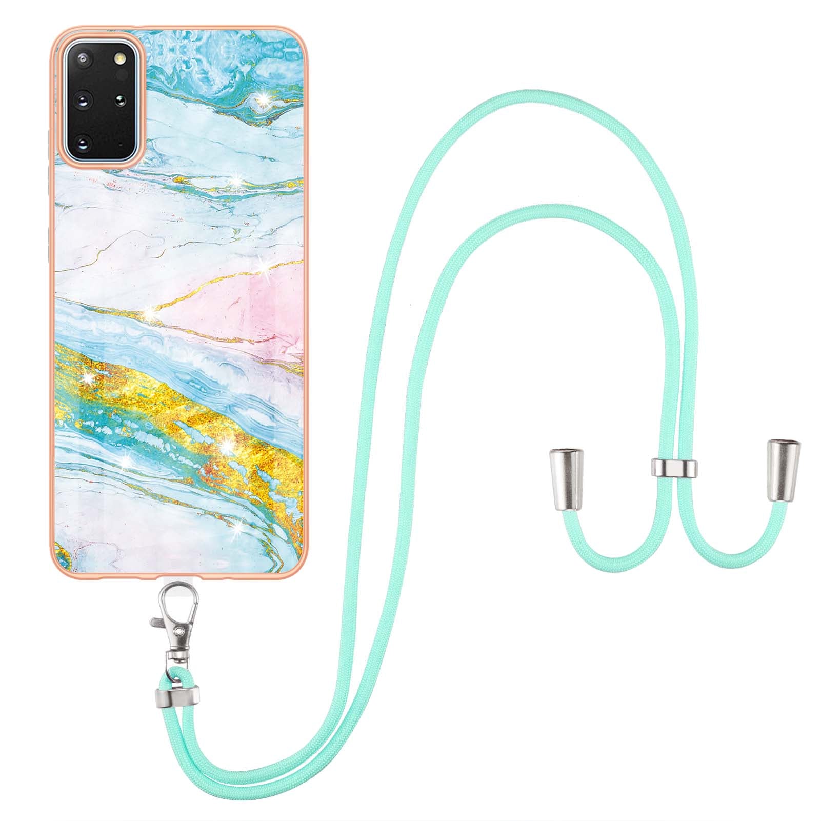 Marble Pattern Electroplated Edge Flexible TPU IMD Stylish Shockproof Phone Shell with Strap for Samsung Galaxy S20 Plus 4G/5G - Green 004