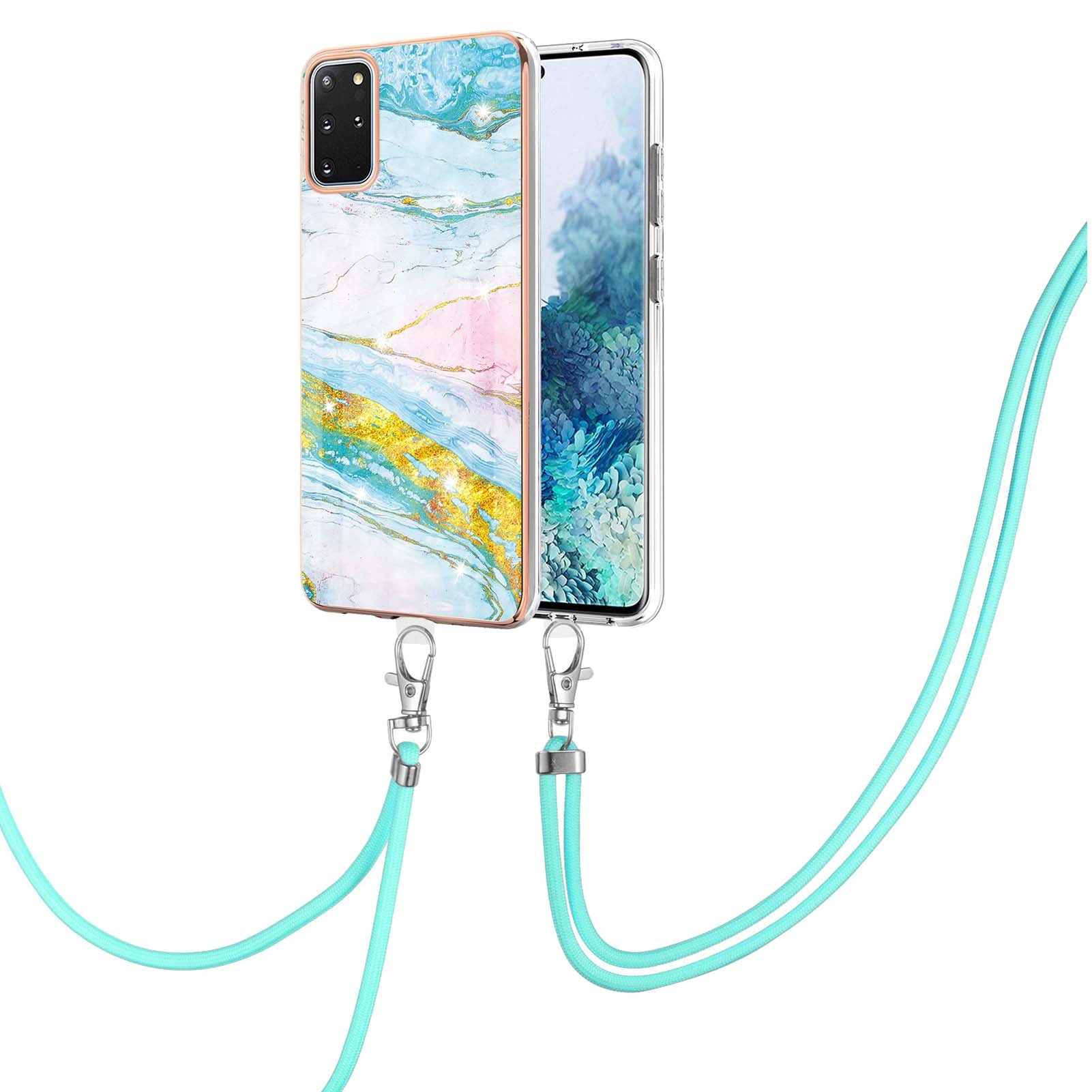 Marble Pattern Electroplated Edge Flexible TPU IMD Stylish Shockproof Phone Shell with Strap for Samsung Galaxy S20 Plus 4G/5G - Green 004