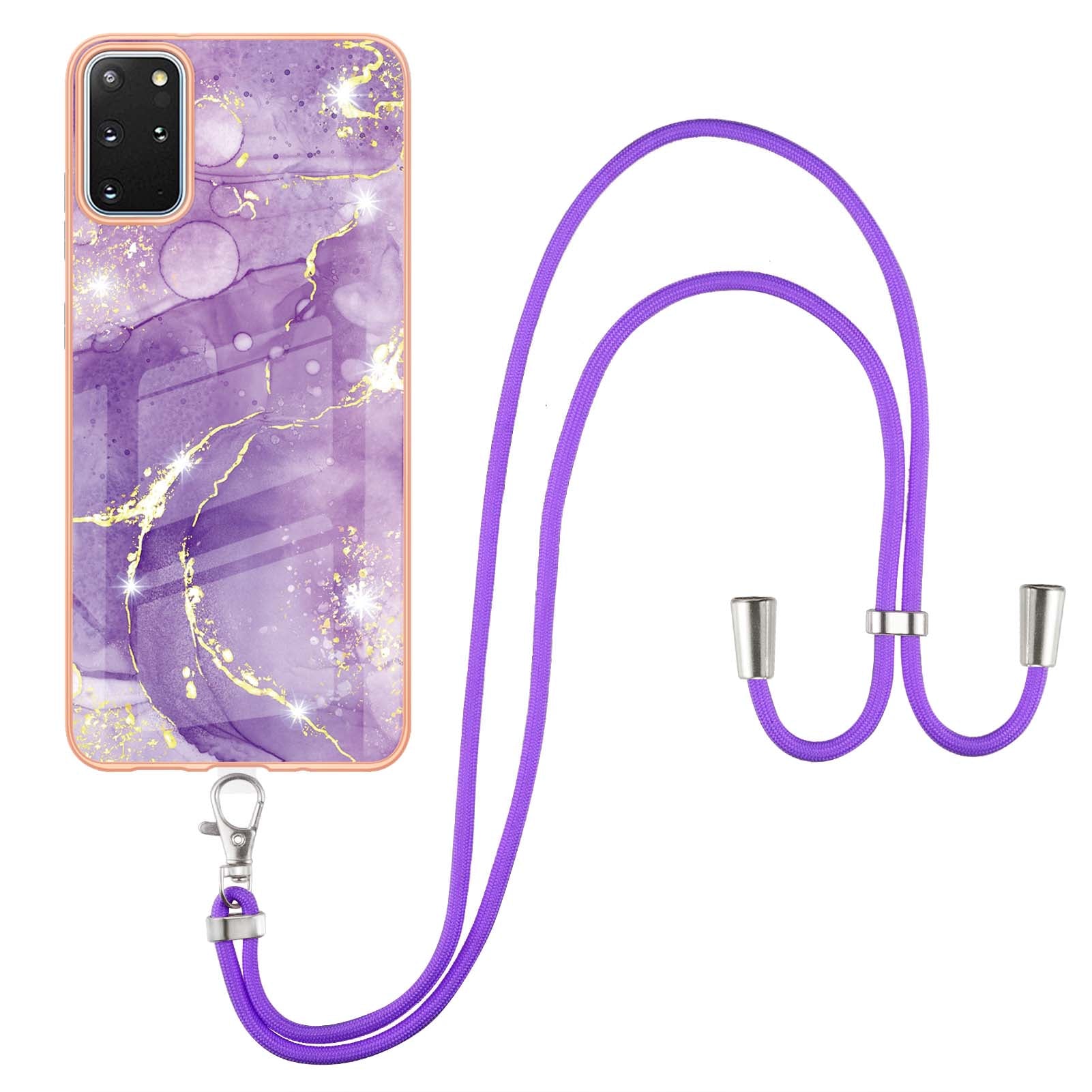 Marble Pattern Electroplated Edge Flexible TPU IMD Stylish Shockproof Phone Shell with Strap for Samsung Galaxy S20 Plus 4G/5G - Purple 002