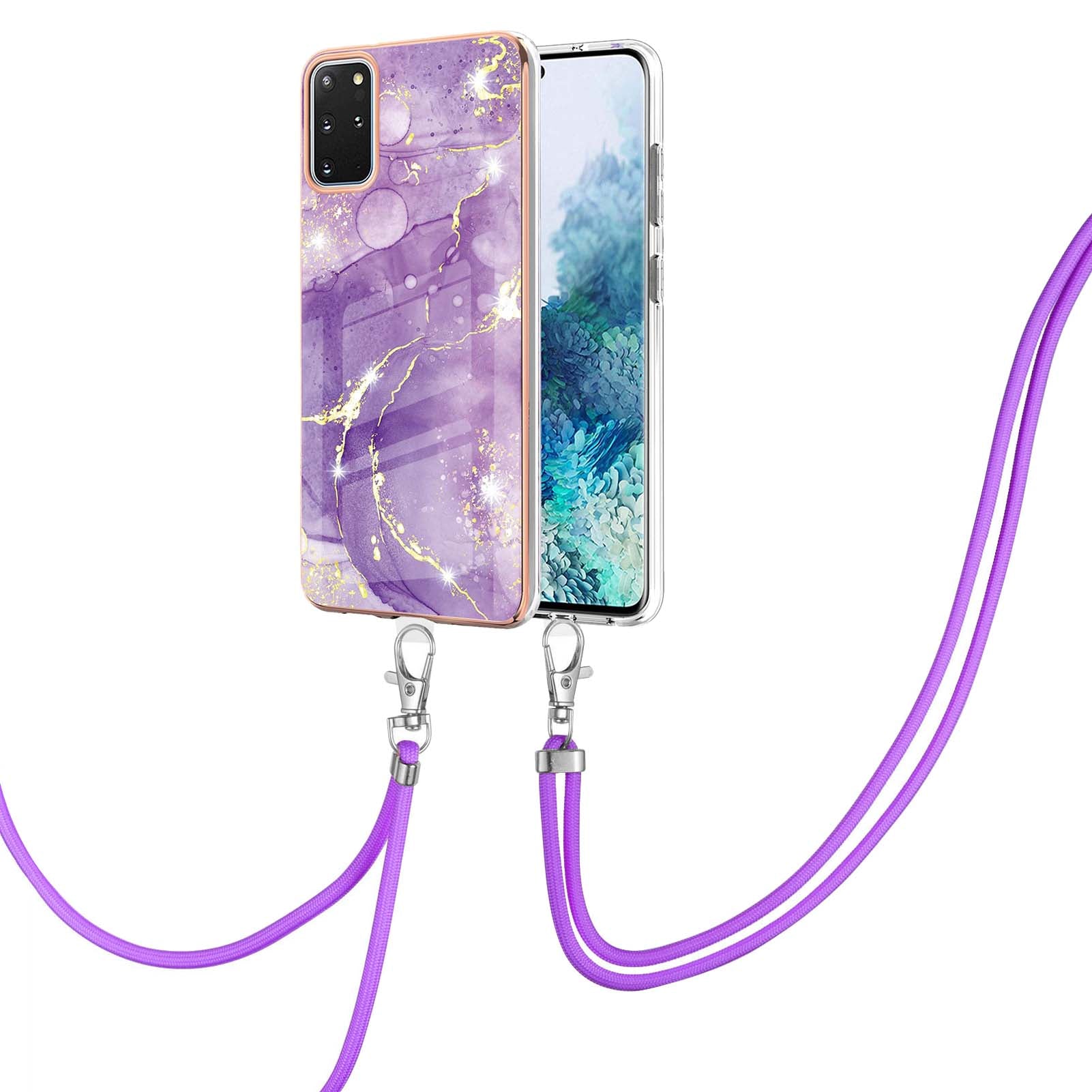 Marble Pattern Electroplated Edge Flexible TPU IMD Stylish Shockproof Phone Shell with Strap for Samsung Galaxy S20 Plus 4G/5G - Purple 002